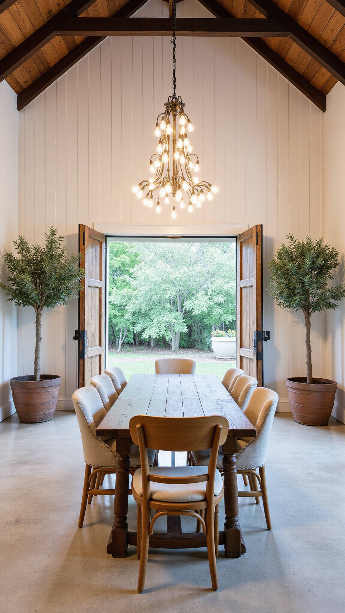 Open concept dining room with reclaimed wood table, Edison bulb chandelier, mix of vintage and modern chairs, whitewashed shiplap walls, dark ceiling beams, and open barn doors revealing garden.
