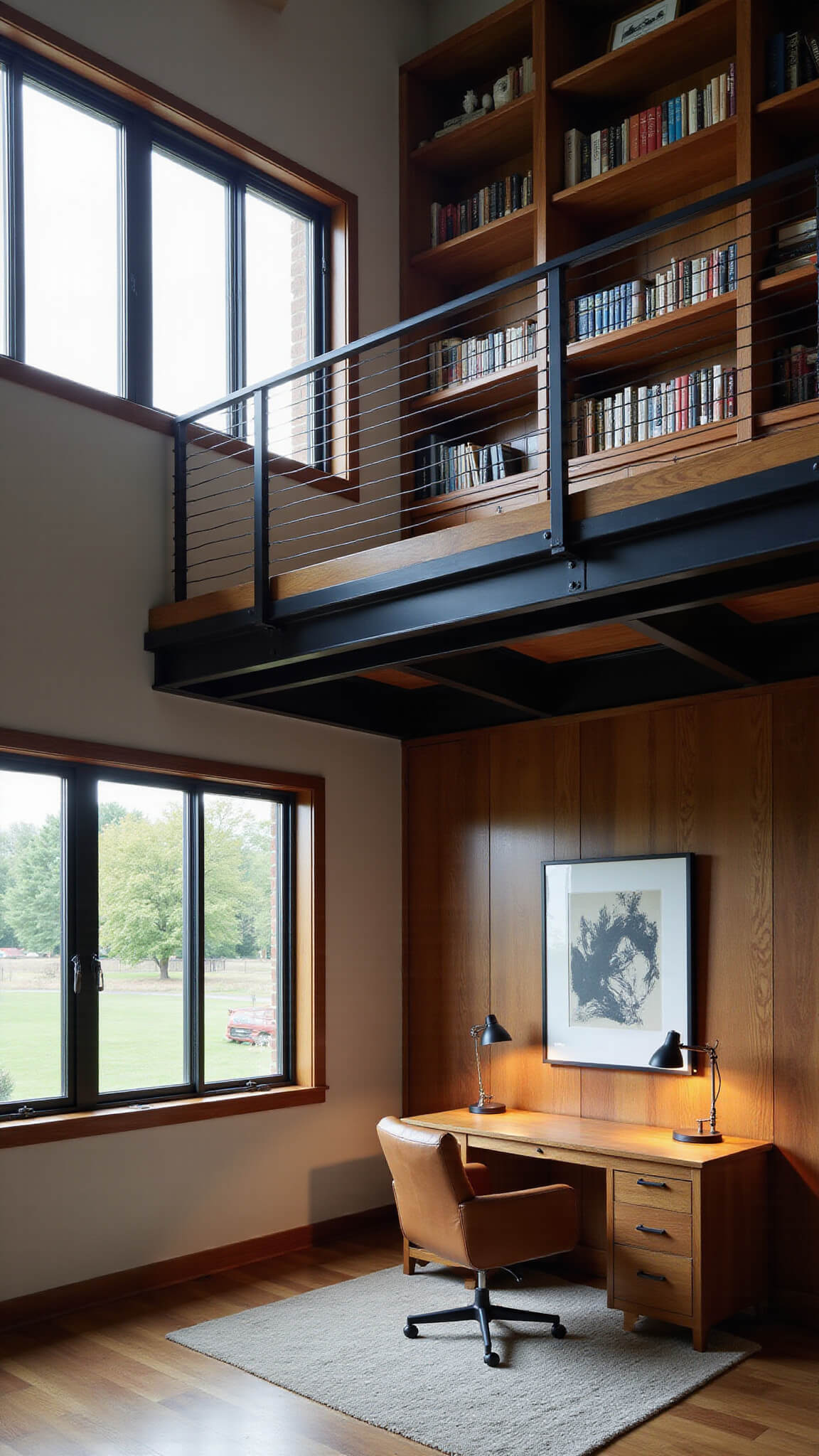 Modern barn-style home office with double-height ceiling, black steel windows, walnut bookshelves, floating desk, vintage leather chair, and geometric rug, viewed from catwalk in morning light.