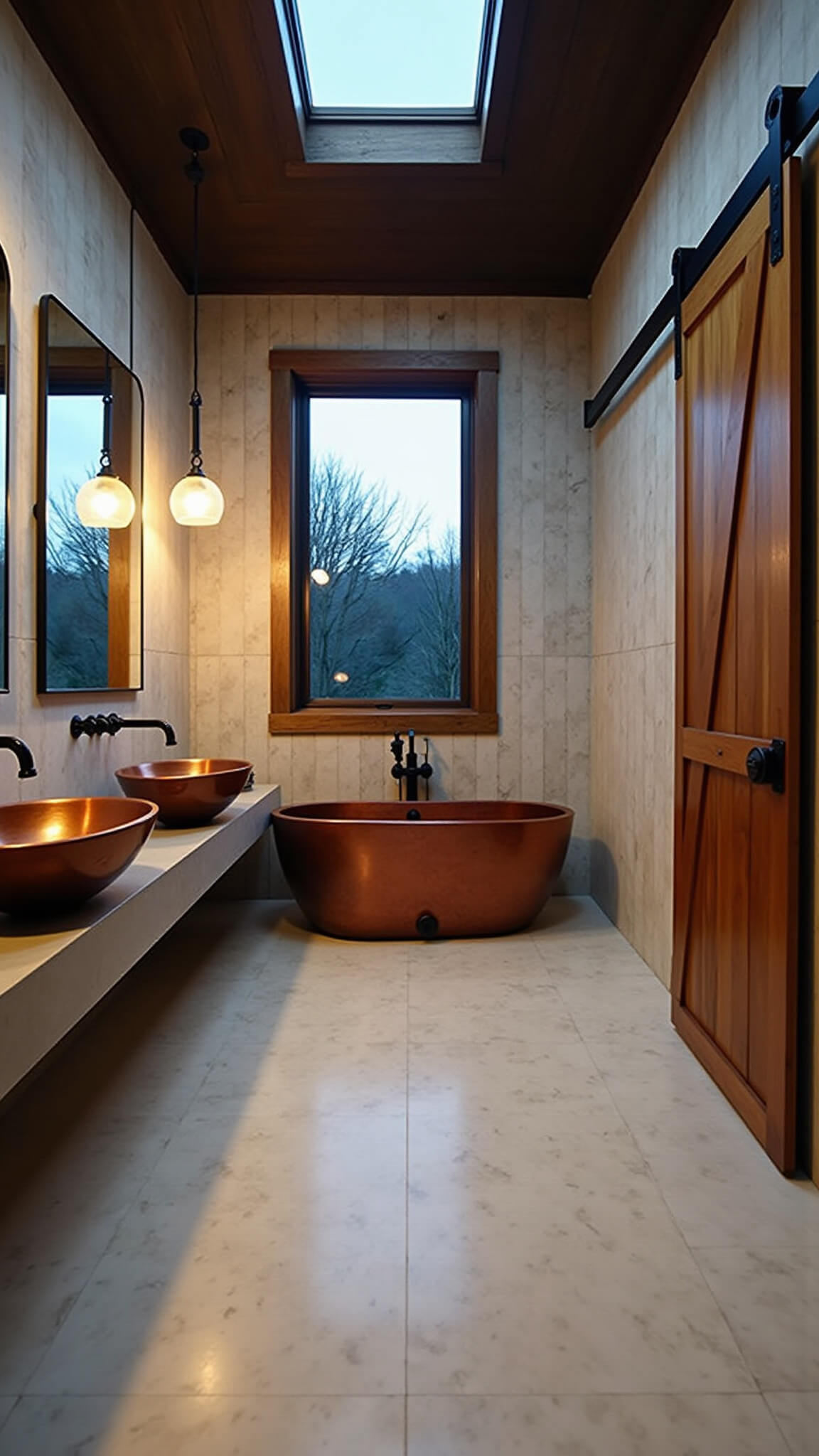 Barn-style master bath at twilight with copper soaking tub under skylight, concrete vanity, marble tile, black fixtures, and soft pendant lighting.