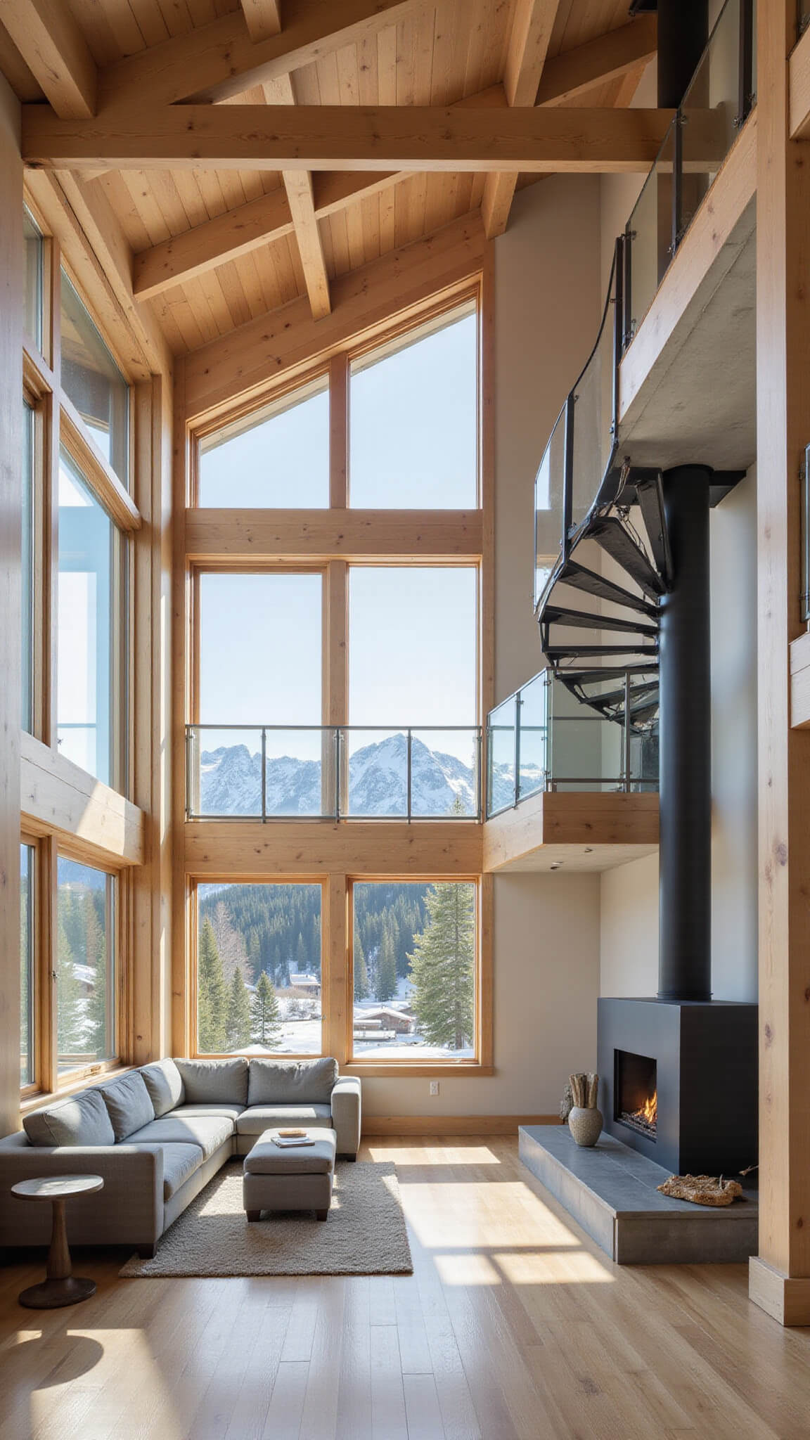 Sunlit Alpine-style cabin interior with high pine-beamed ceilings, large windows framing snowy mountains, modern furnishings, and floating loft with glass railings.