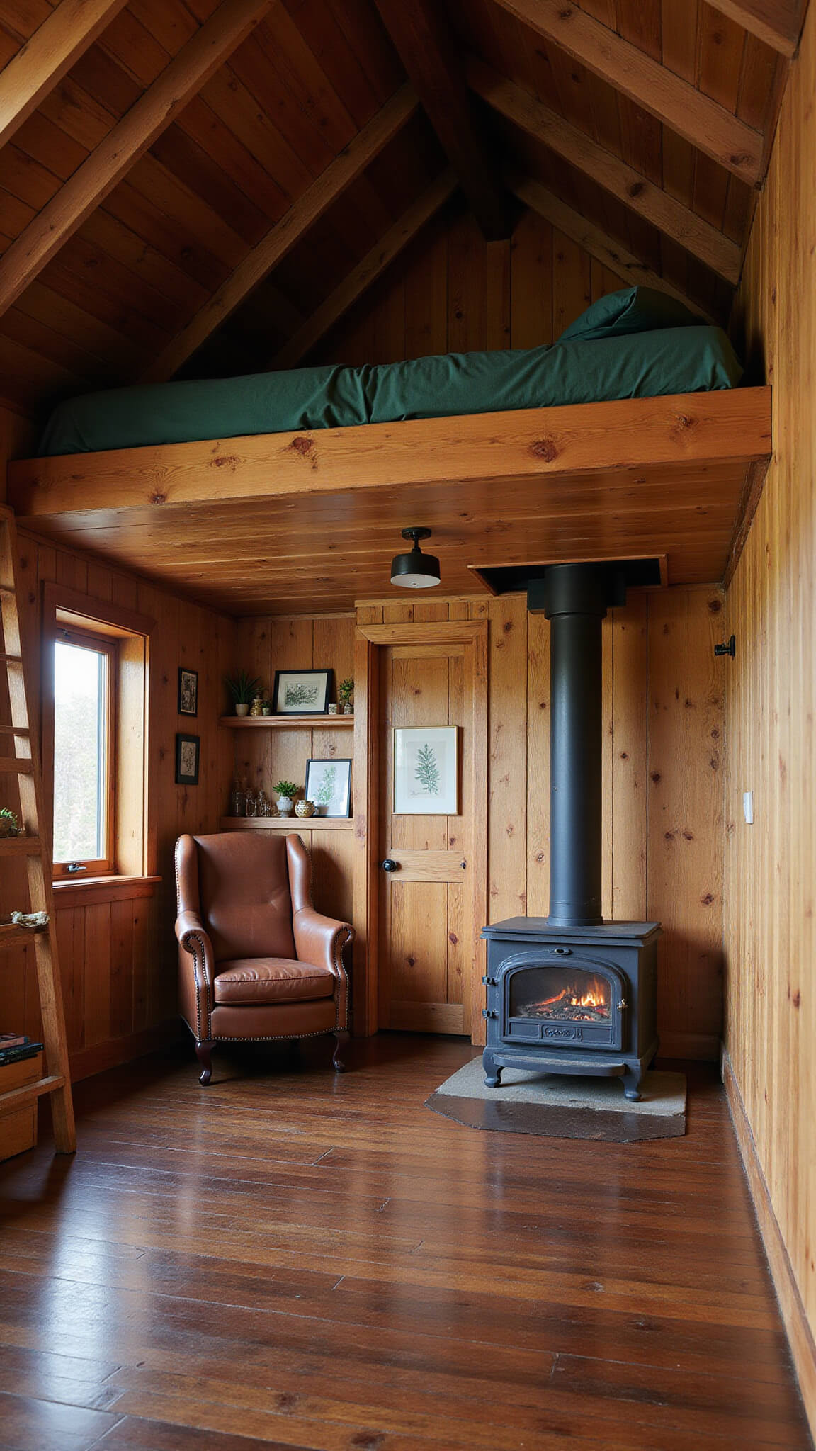 Cozy woodland cabin interior with walnut walls, exposed beams, loft bed with green linens, vintage leather armchair by a wood stove, and shelves styled with botanical prints and natural objects in warm golden hour light.