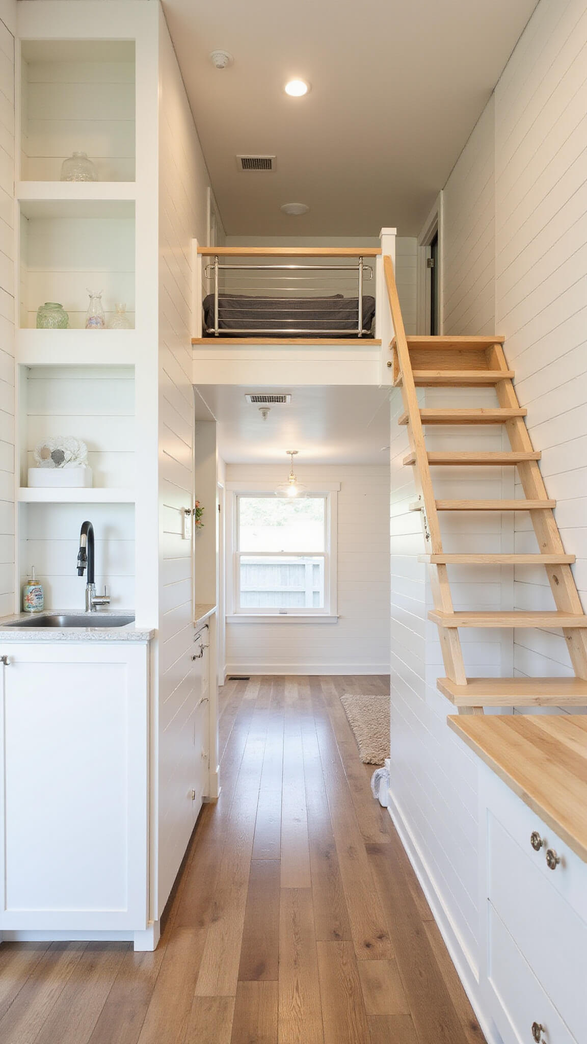 Bright tiny cabin interior with murphy bed, maple storage stairs, folding dining table, mirrors, and smart storage in neutral tones.