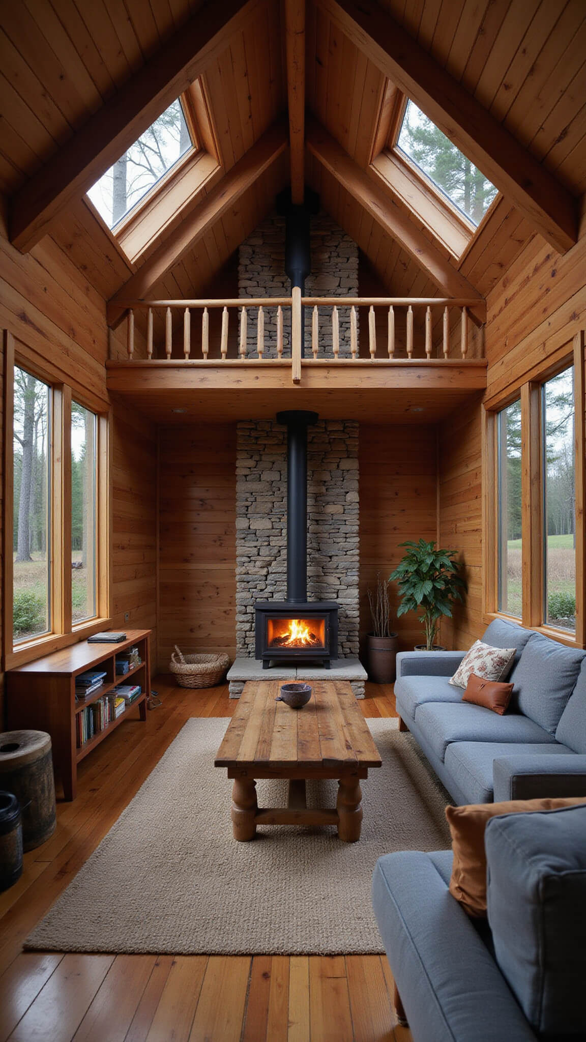 Cozy dusk cabin interior with cedar walls, stone accent, bamboo floors, and warm lighting from wood stove.