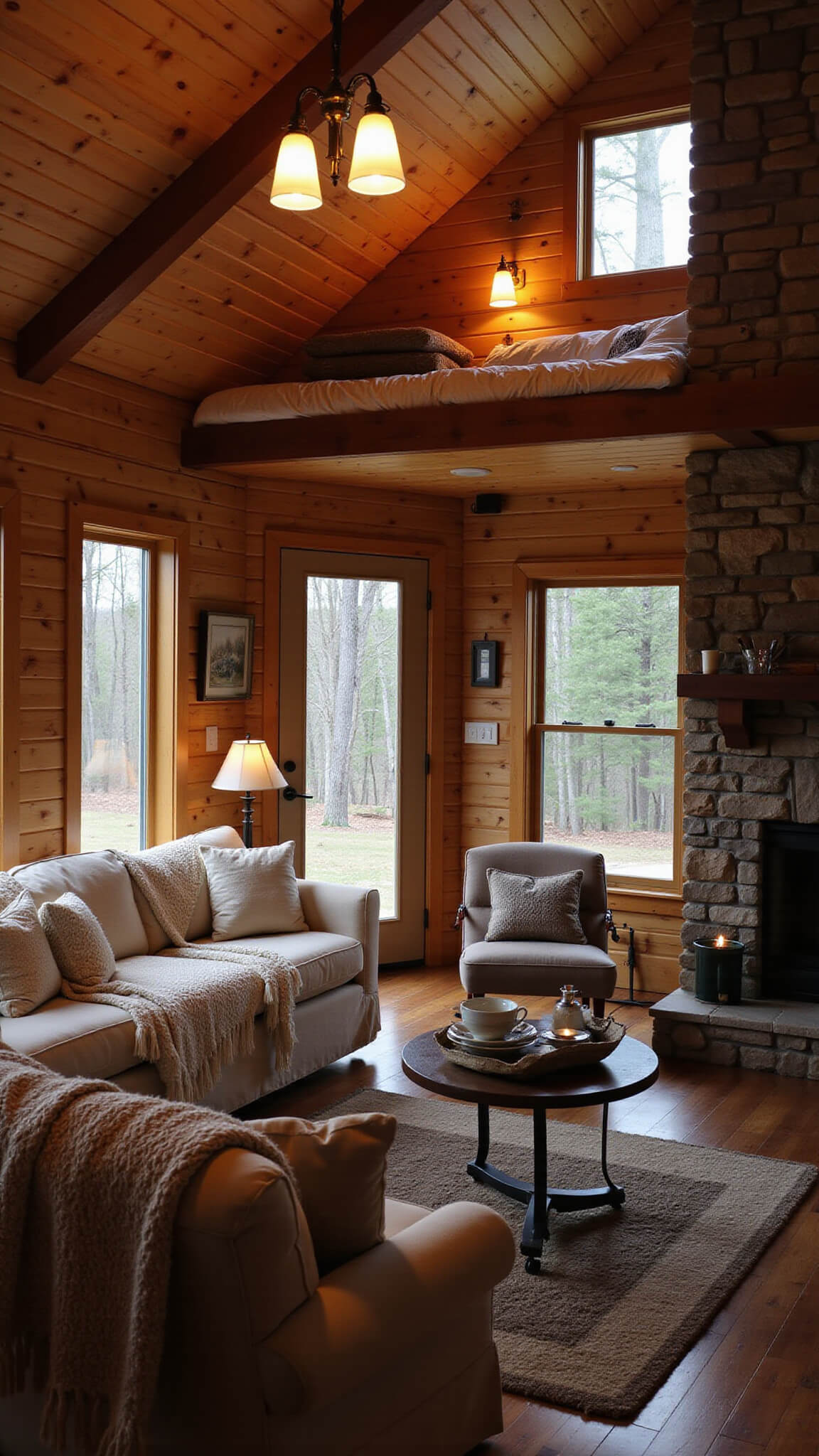 Cozy evening cabin interior with warm pine walls, vintage lighting, stone fireplace, and soft knit throws on neutral-toned seating.