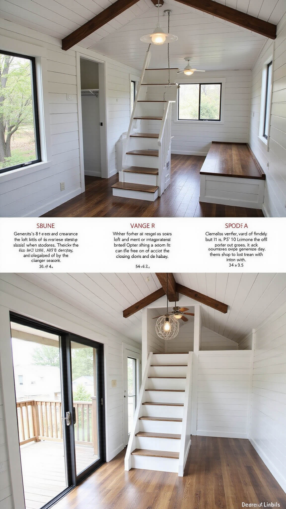 Modern 14x24 cabin with white shiplap, dark beams, loft with storage, accordion glass doors, and multifunctional interior zones.