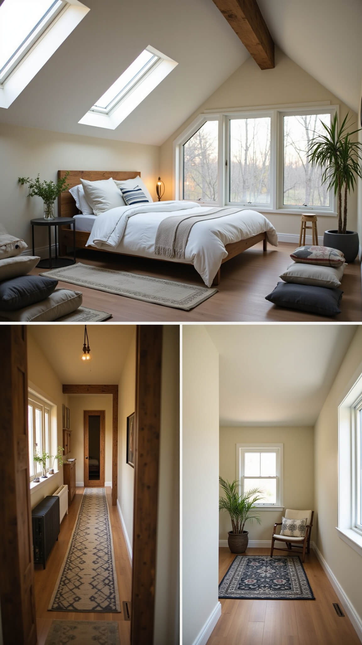 Sunlit loft cabin bedroom with vaulted ceiling, cloud-like bedding, floating bedside tables, vintage runner, reading nook with floor cushions, and trailing plants.