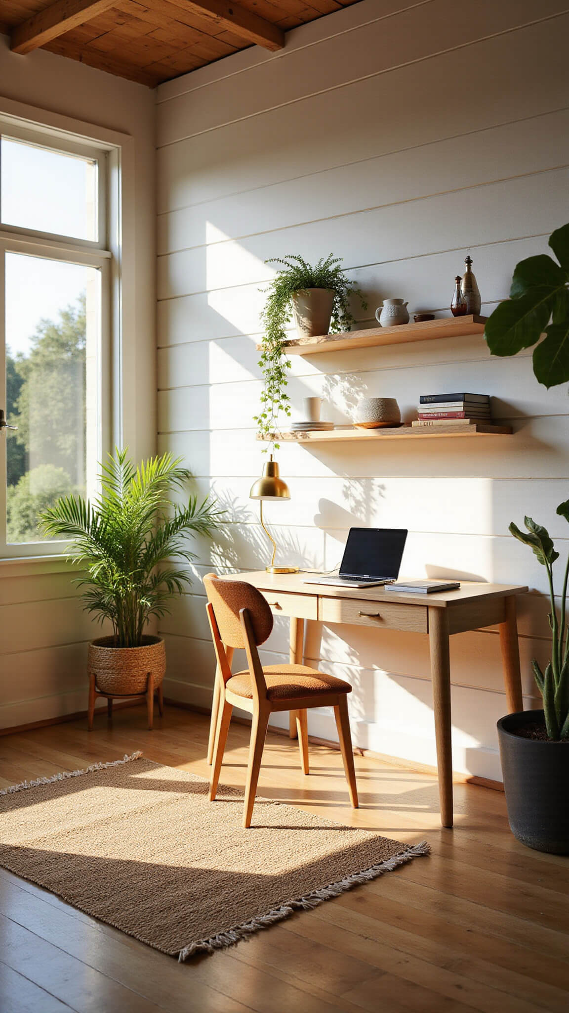 Modern sunlit backyard studio with floor-to-ceiling windows, white shiplap walls, minimalist oak desk, layered rugs, and brass-accented decor photographed during golden hour.
