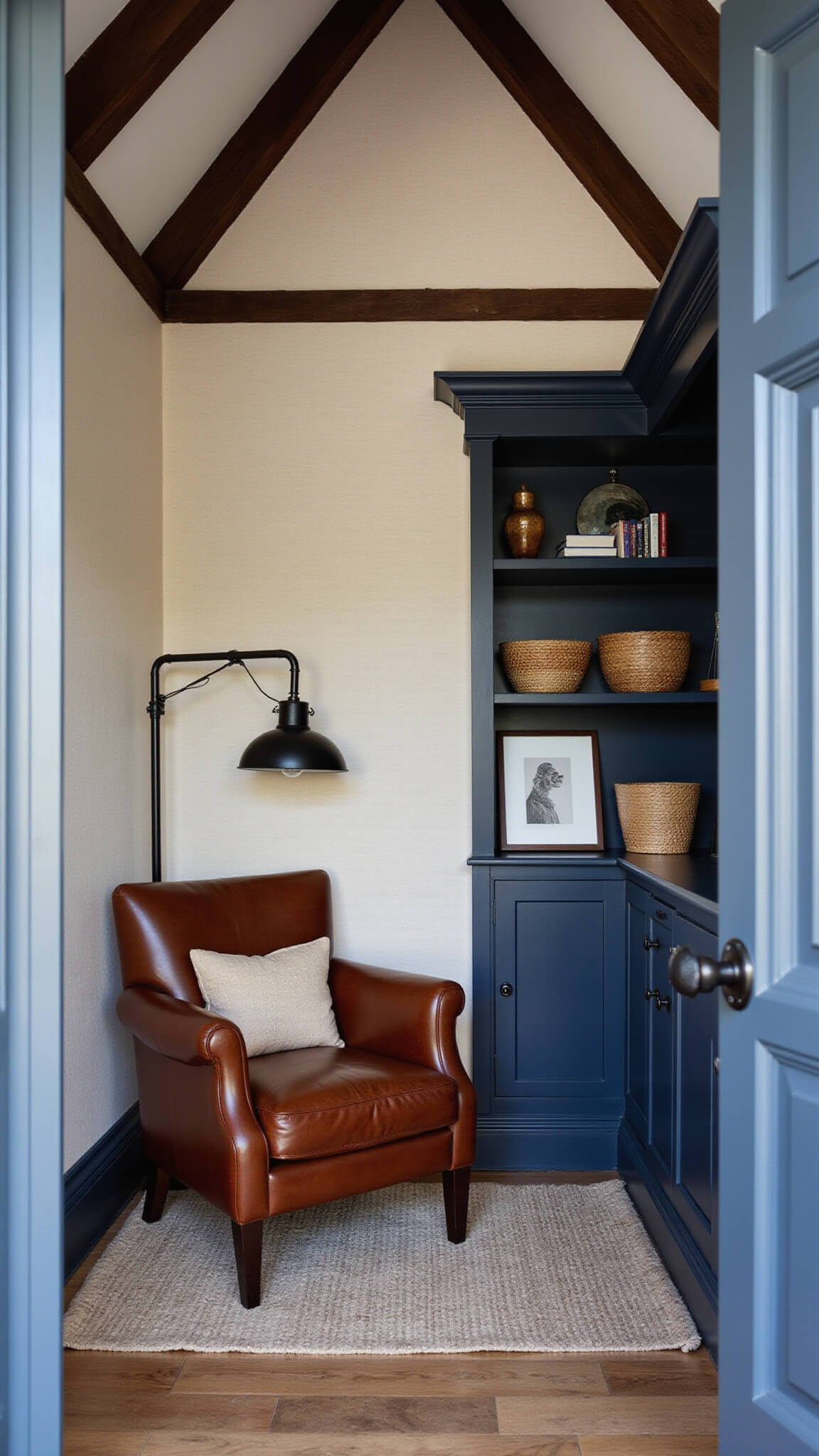 Moody blue hour interior of an 8'x10' creative sanctuary with cathedral ceiling, vintage leather armchair, black floor lamp, navy built-in shelves, and cream textured wallpaper.