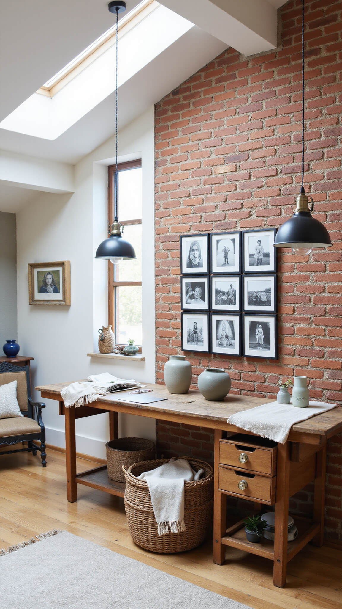 Farmhouse-style studio with exposed brick wall, black and white photo gallery, distressed wood workbench with ceramics and linens, vintage pendant lights, and warm mid-morning light.