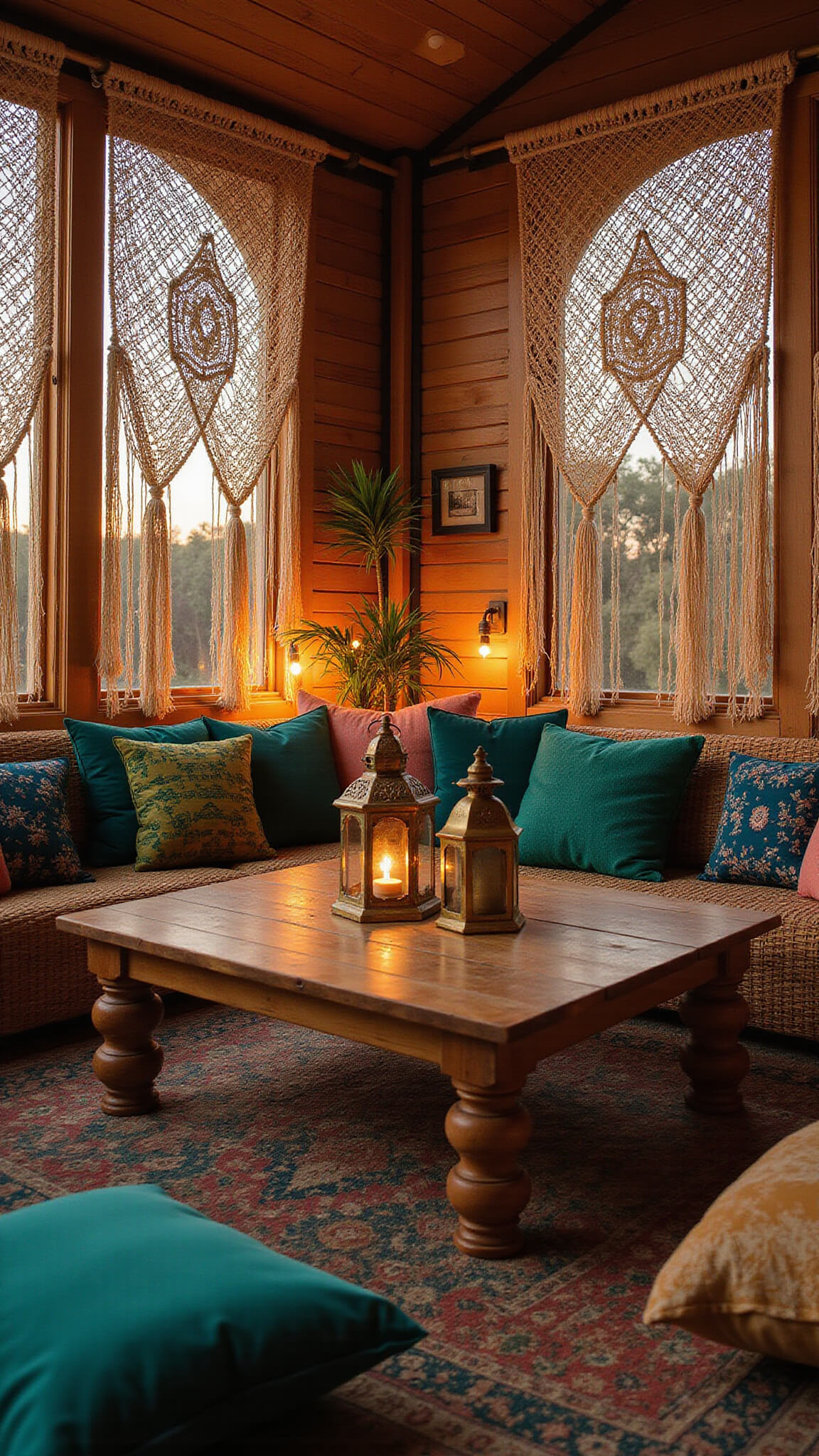 Bohemian retreat interior at dusk with rattan seating, carved wood table, jewel-toned cushions, macramé wall hangings, and ambient brass lanterns.
