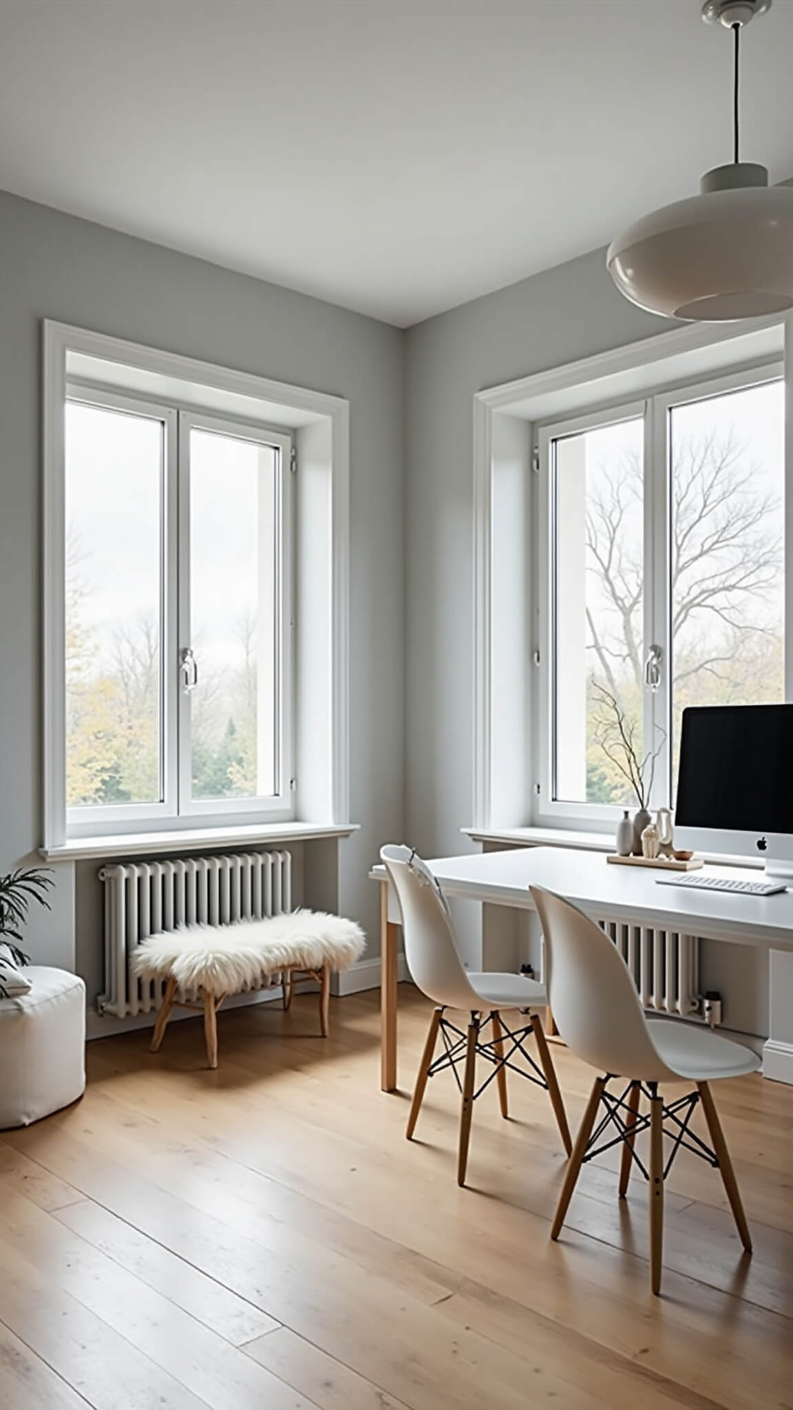 Scandinavian-style studio with pale pine floors, white desk against gray walls, minimalist art, black pendant light, and textured sheepskin accents.