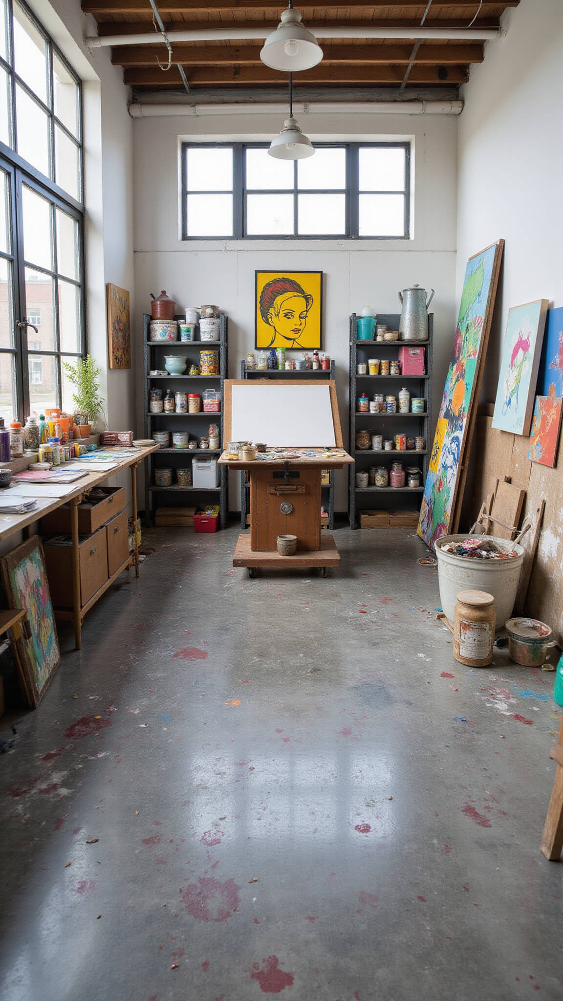 Eclectic artist's studio with paint-splattered concrete floors, white walls, industrial shelving of colorful supplies, and a vintage drafting table under large industrial windows.
