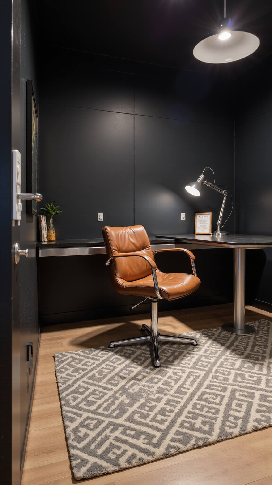 Twilight view of a 15'x20' modern studio-office with black accent wall, floating desk, leather chair, chrome accents, smart lighting, and geometric rug in a sleek, open layout.