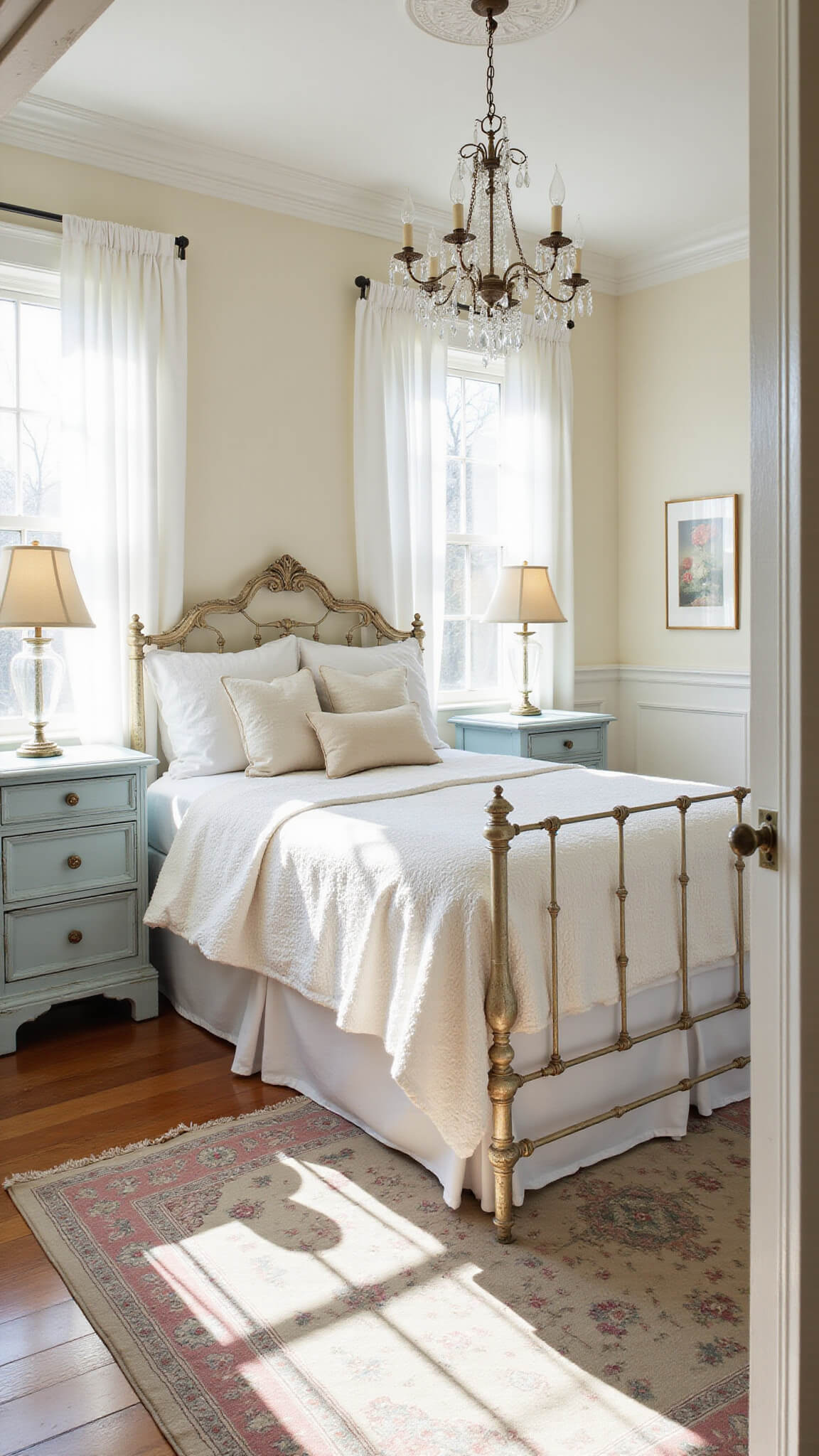 Serene sunlit master bedroom with vintage iron bed, pale blue nightstands, crystal chandelier, and faded Persian rug over whitewashed oak floors.