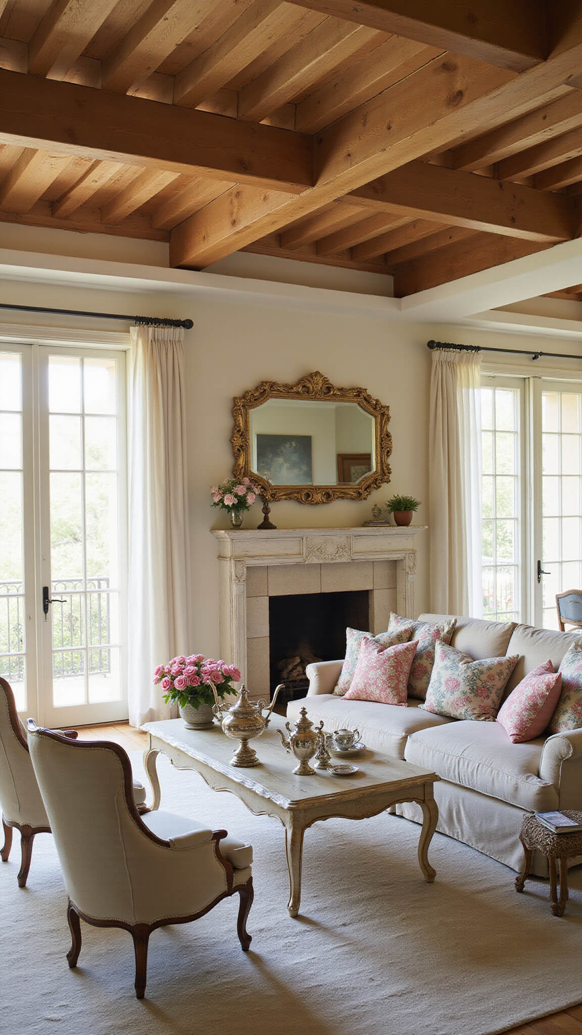 Warm, inviting 20x24ft living room with exposed wooden beams, French doors, oversized linen sofa, vintage floral cushions, aged mirror above limestone fireplace, Swedish-style armchairs, and golden hour light filtering through sheer curtains.
