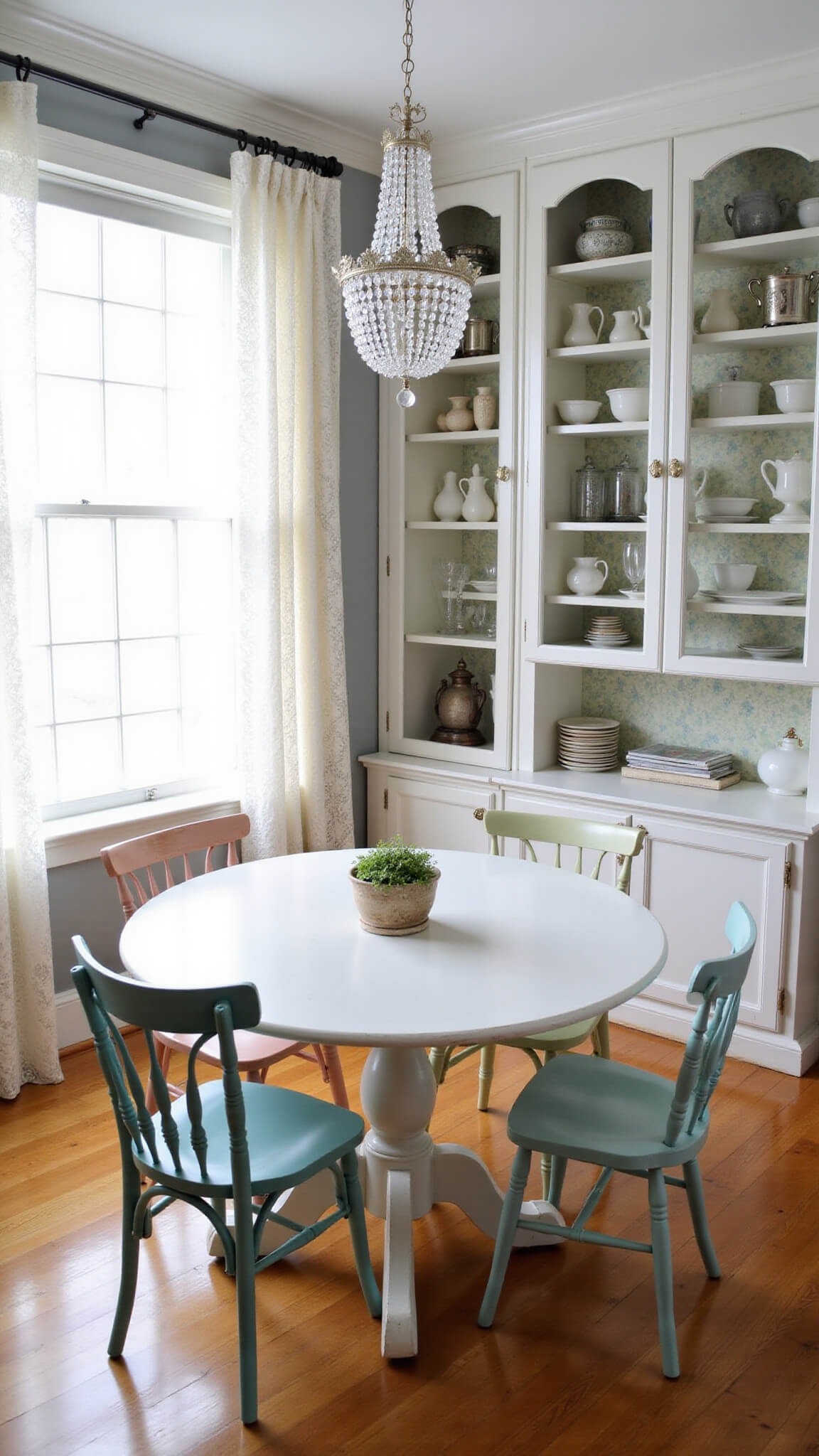 Charming bird's-eye view of intimate 12x14ft dining room with round white table, pastel mismatched chairs, antique lace curtains, vintage chandelier, and displays of milk glass and silver.
