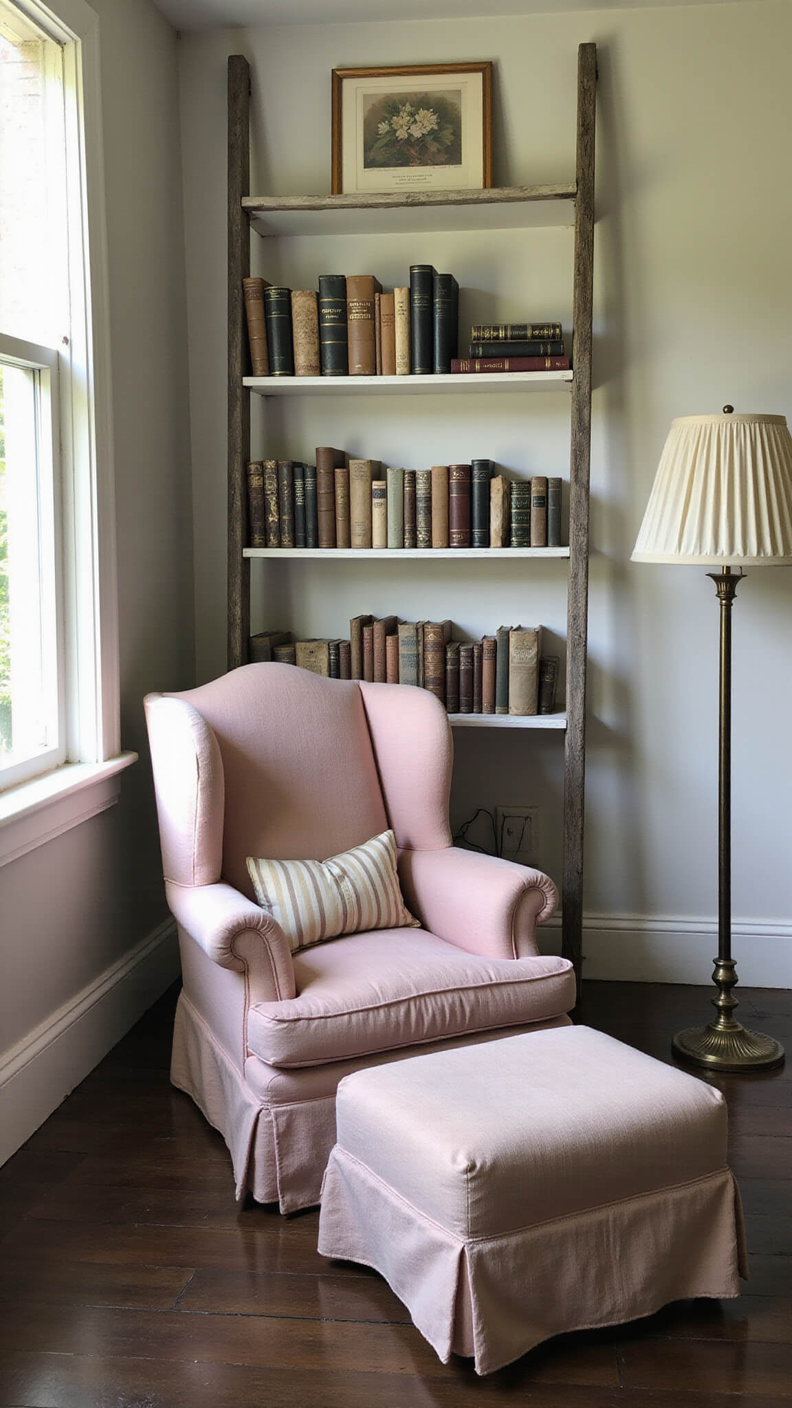 Cozy 10x12ft reading nook with wingback chair in faded rose linen, striped ottoman, vintage bookshelf, and soft rainy afternoon light.