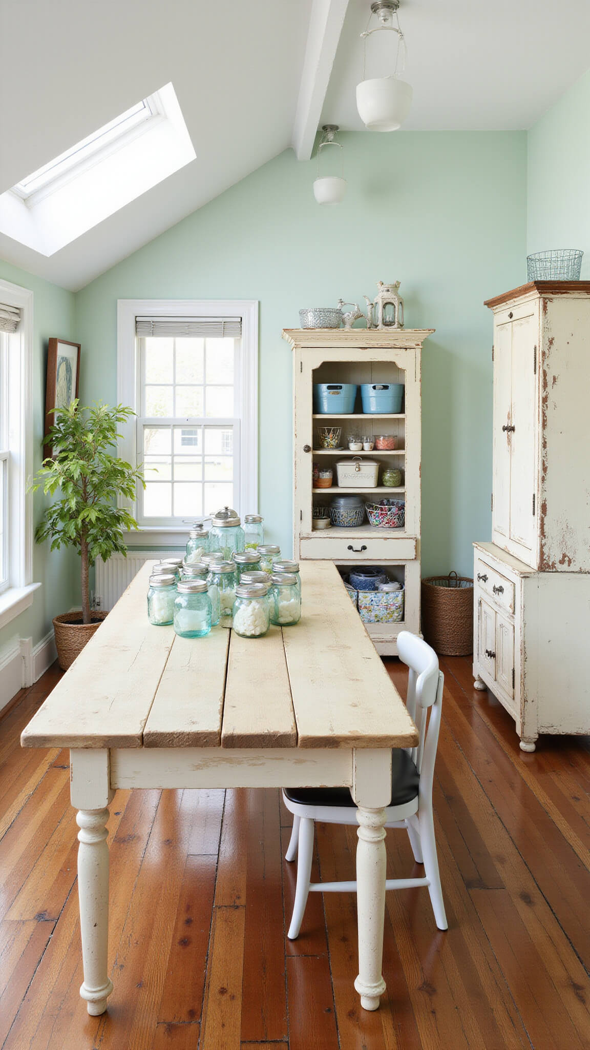Bright craft room with dormer windows, farmhouse table, vintage mason jars, Victorian cabinet, and organized fabric and supplies in soft mint and cream tones.