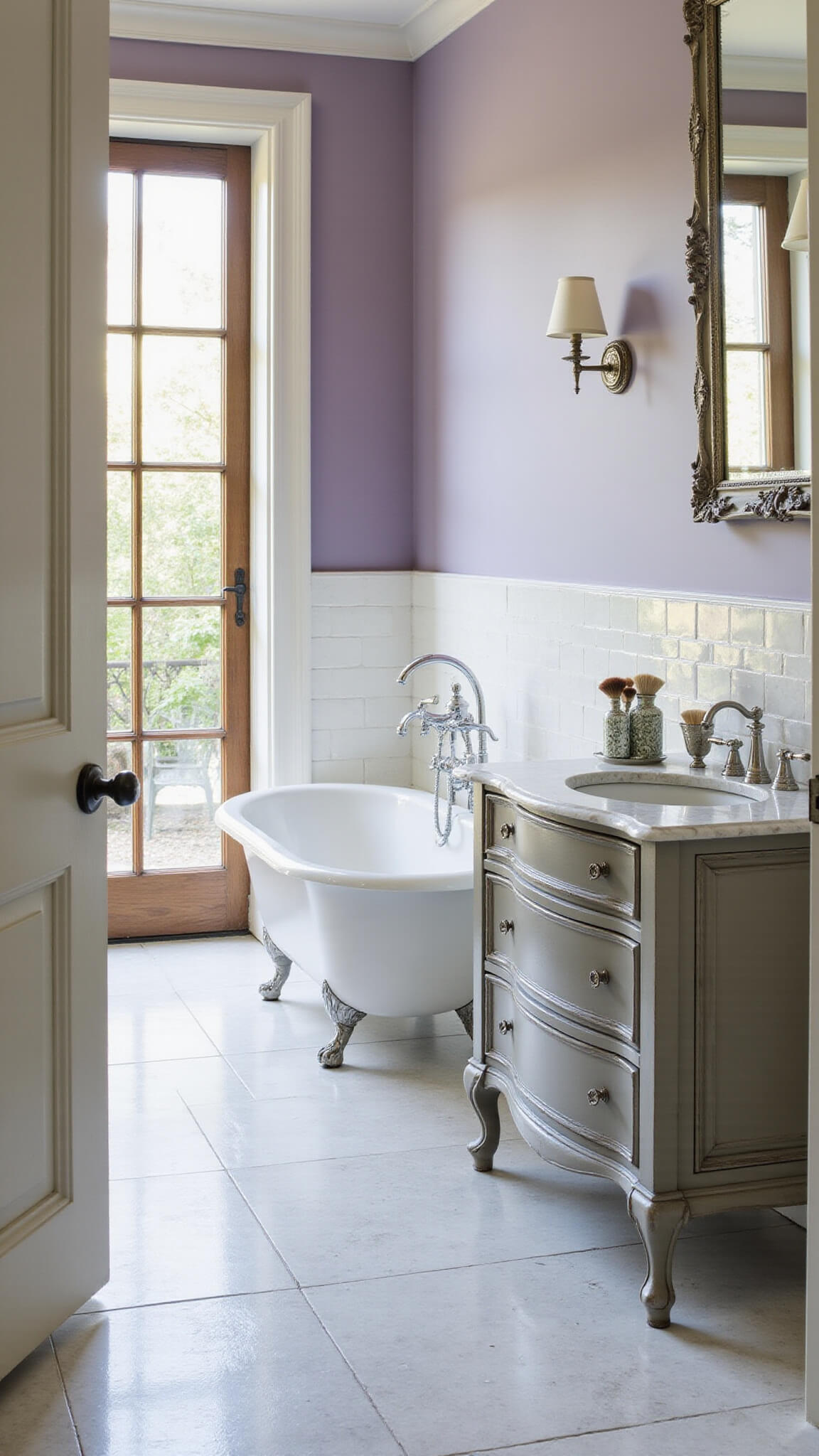 Luxurious 16x18ft pale lavender bathroom with clawfoot tub, vintage gray vanity, marble top, ornate mirror, and French doors opening to garden at dusk.