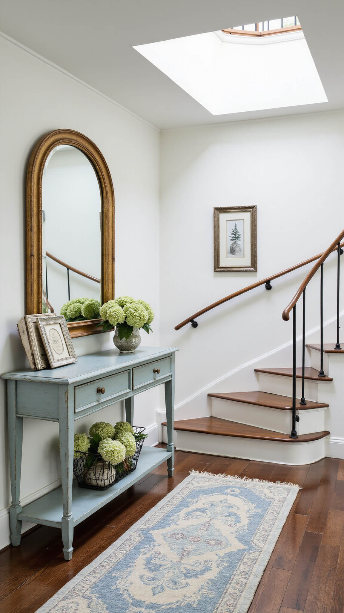 Elegant 8x12ft entryway with curved staircase, distressed duck egg blue console, vintage silver frames, large aged gilt mirror, faded blue and cream runner, wire basket of hydrangeas, and overhead skylight.