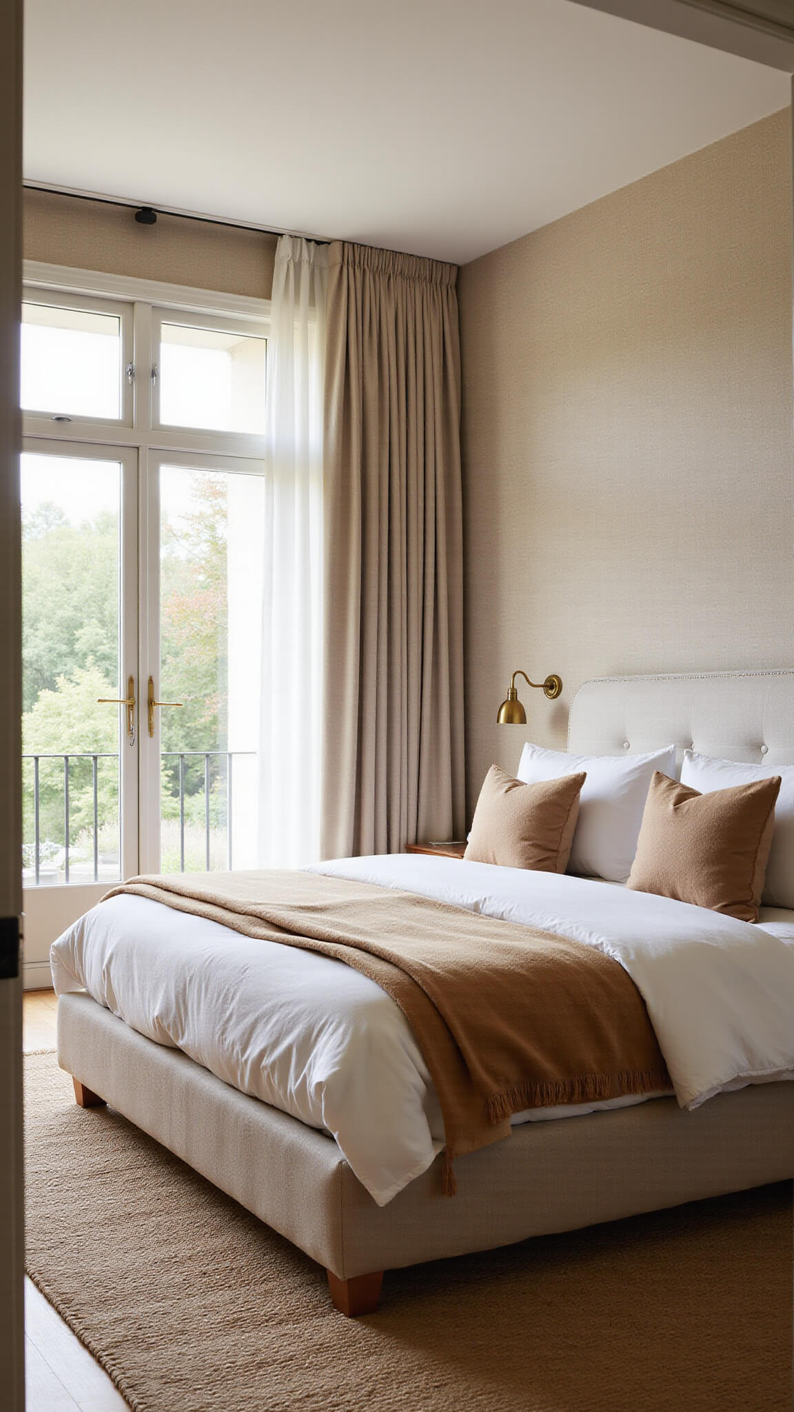 Spacious sunlit bedroom with upholstered beige headboard, layered neutral bedding, brass sconces, and jute rug, viewed at an angle through floor-to-ceiling windows with sheer curtains.