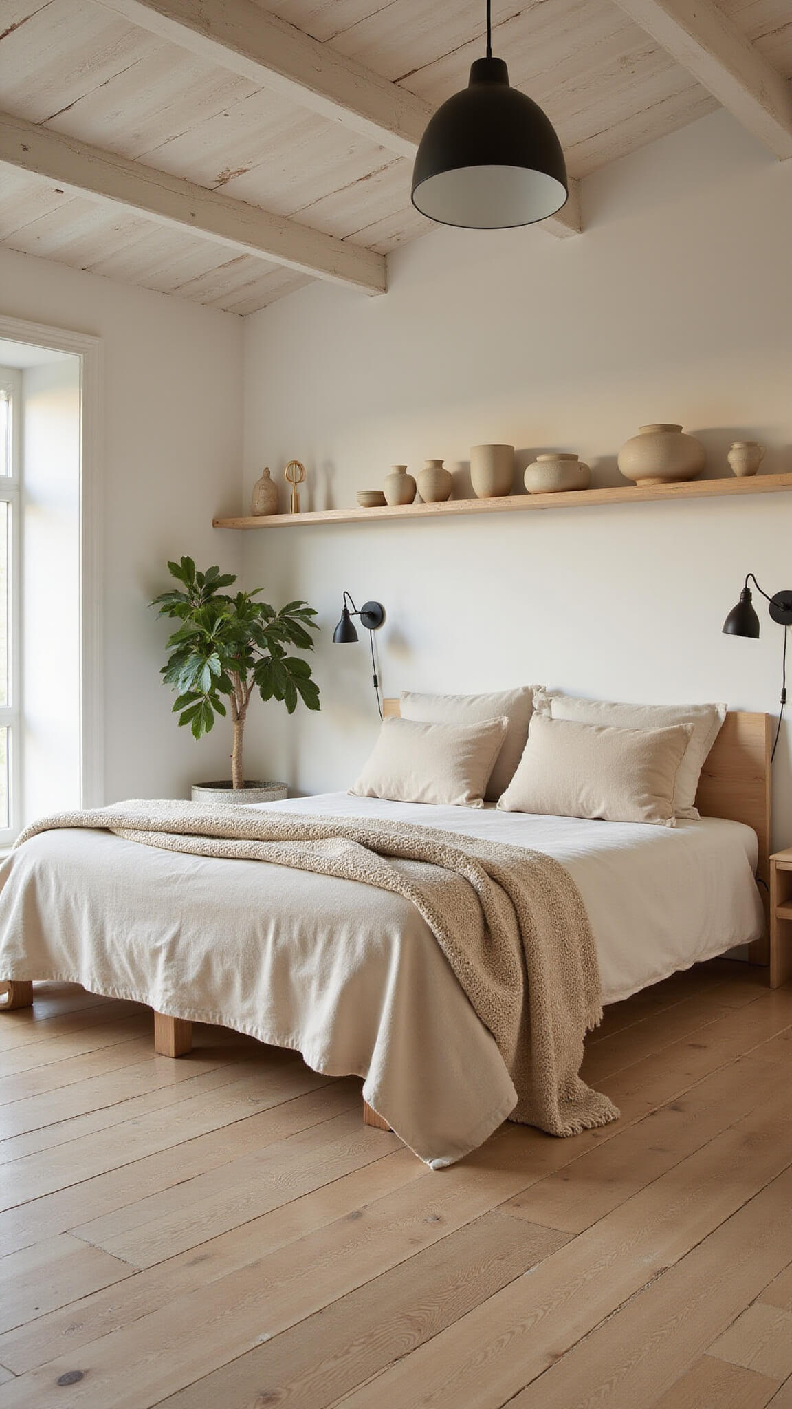 Scandinavian-style bedroom with platform bed, oatmeal linens, cream wool throw, bleached oak floor, white wooden beams, black pendant light, pottery on shelves, and fiddle leaf fig in corner at golden hour.