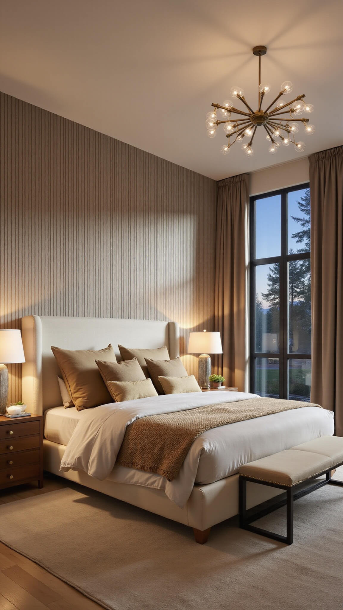 Modern 15x18ft primary bedroom at dusk with fluted greige paneling, ivory bouclé king bed, champagne drapes, brass chandelier, and moody lighting.