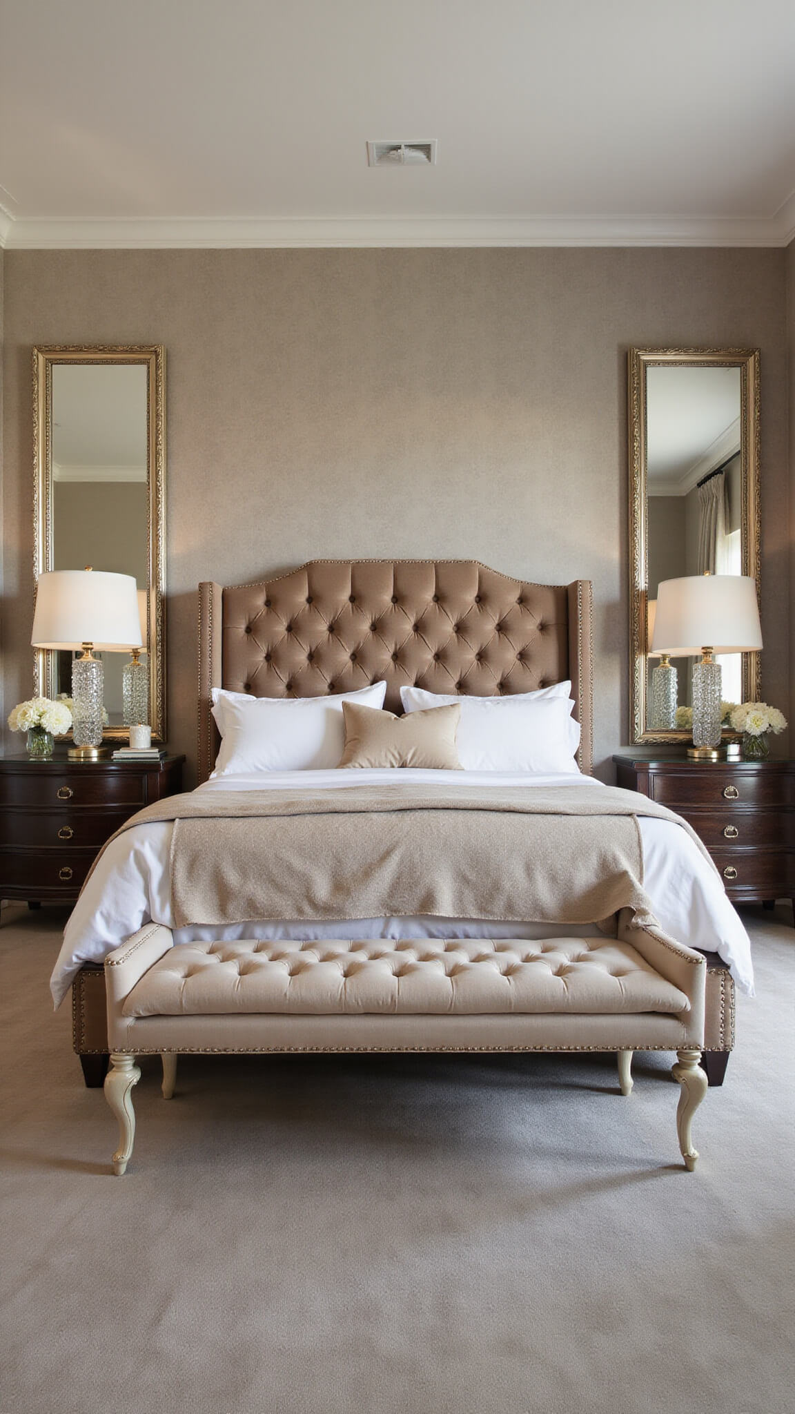Luxurious taupe bedroom with tufted velvet headboard, mirrored nightstands, crystal lamps, and champagne bench reflected in floor-length mirrors under soft afternoon light.
