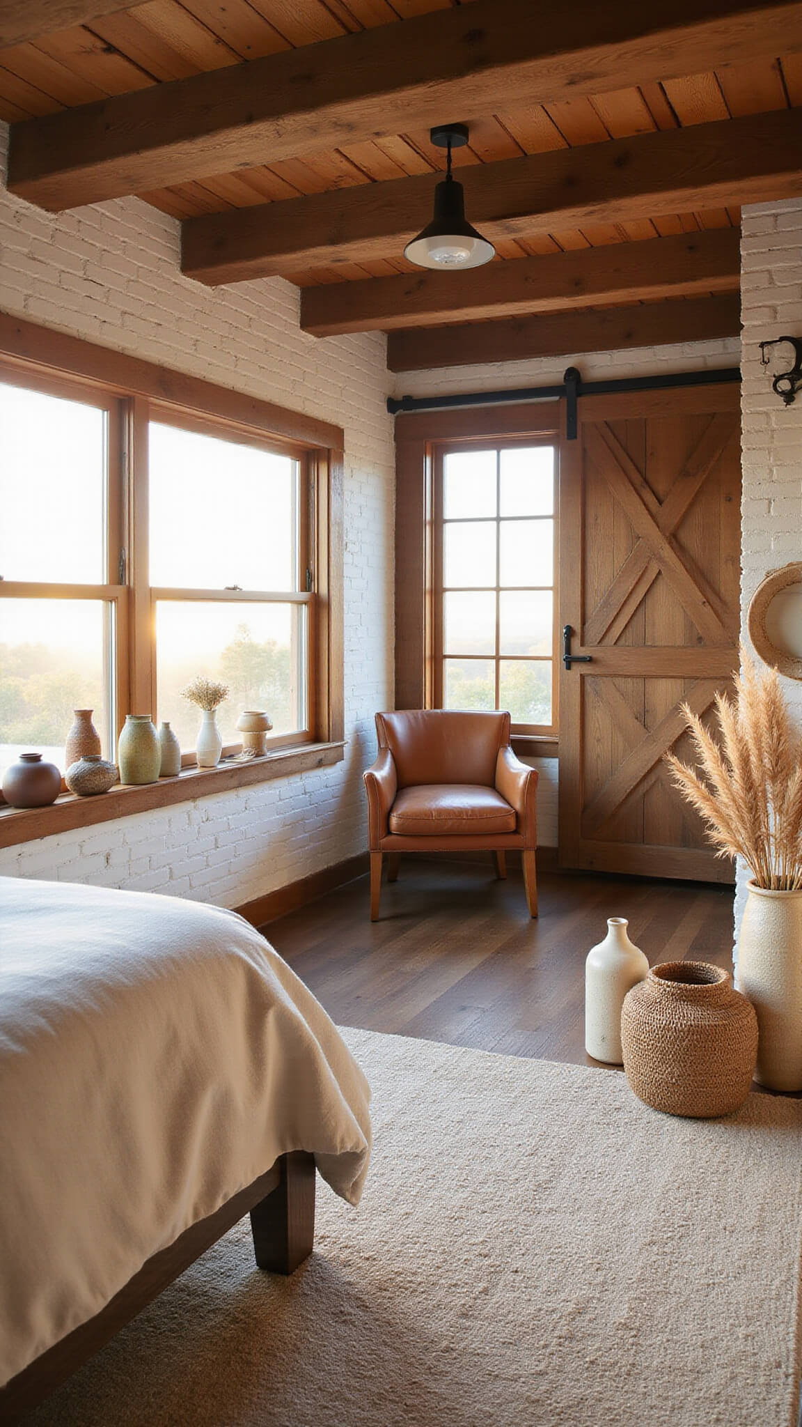 Rustic 13x15ft bedroom with wooden beams, whitewashed brick wall, linen bedding, leather chair, wool rug, and soft sunrise light filtering through windows.