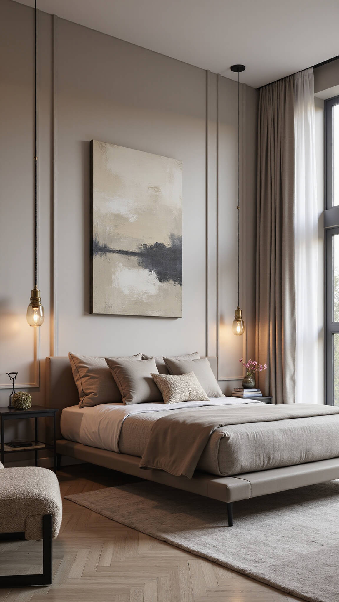 Contemporary 14x16ft bedroom at twilight with a greige platform bed, vertical channel accent wall, aged brass pendant lights, abstract artwork, bouclé chair, and black metal side tables in dramatic diagonal composition.