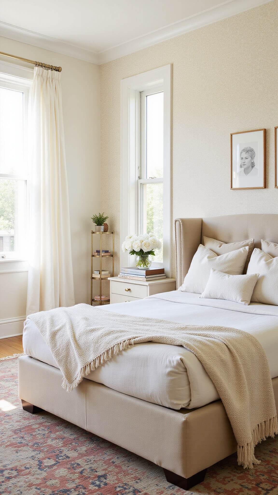 Bright, airy bedroom with linen wing bed, layered neutral textiles, vintage rug, and brass shelf, flooded with midday light through gauzy white curtains.