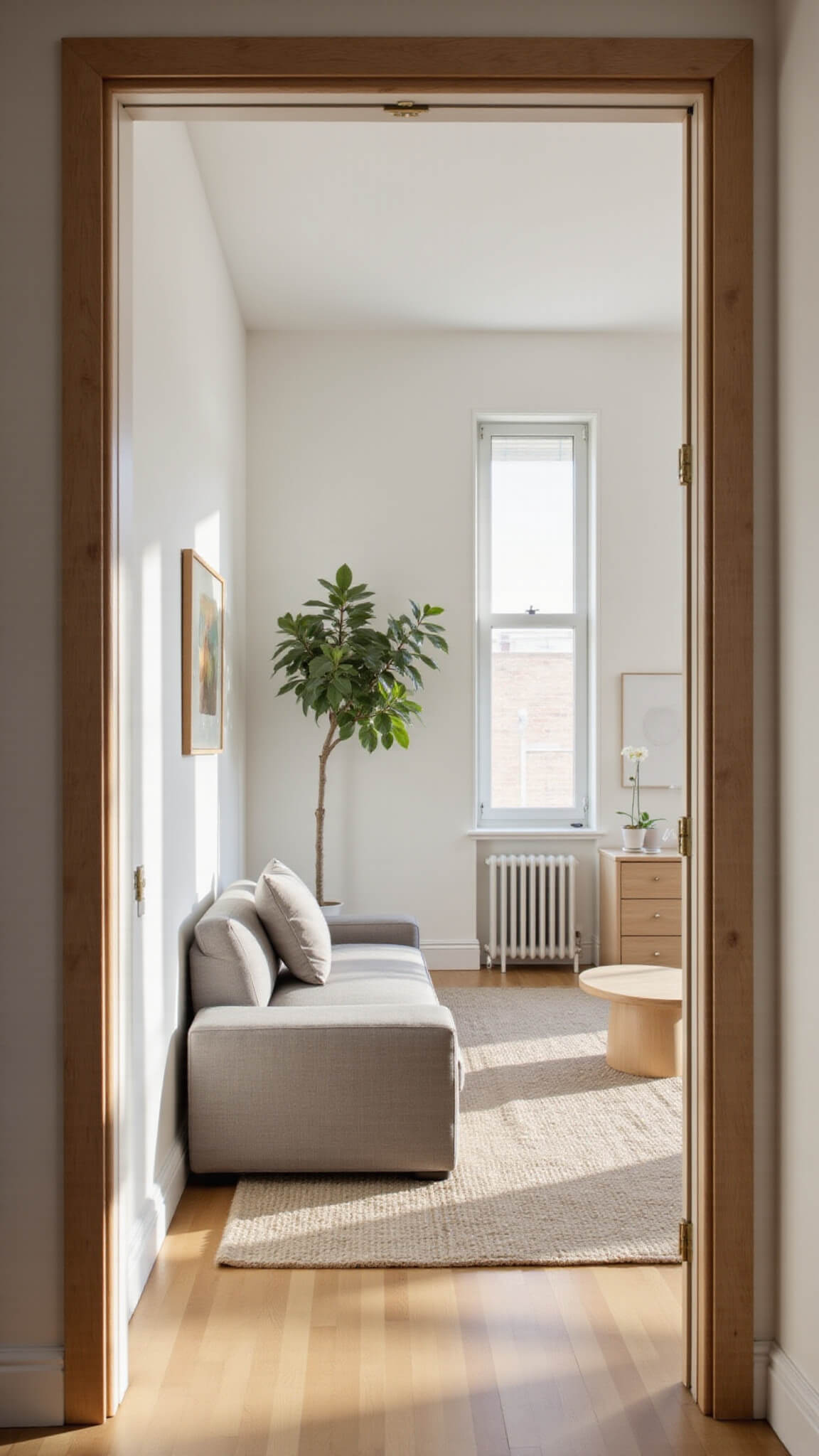 Bright studio apartment with dove gray sofa, light oak floors, floor-to-ceiling windows, and golden hour sunlight casting long shadows.