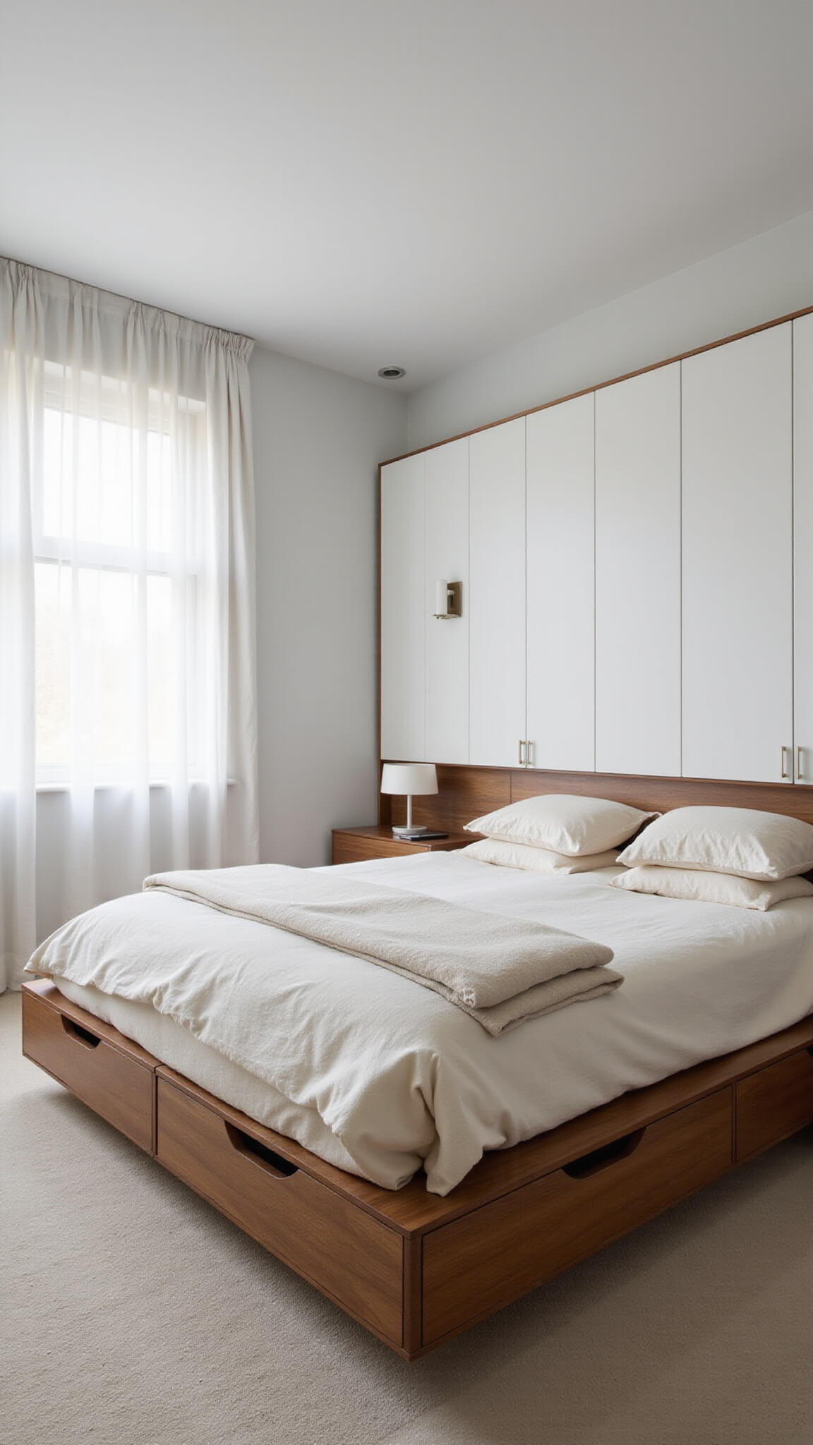 Compact 300 sq ft bedroom with platform bed, built-in storage, and soft natural light through sheer curtains.