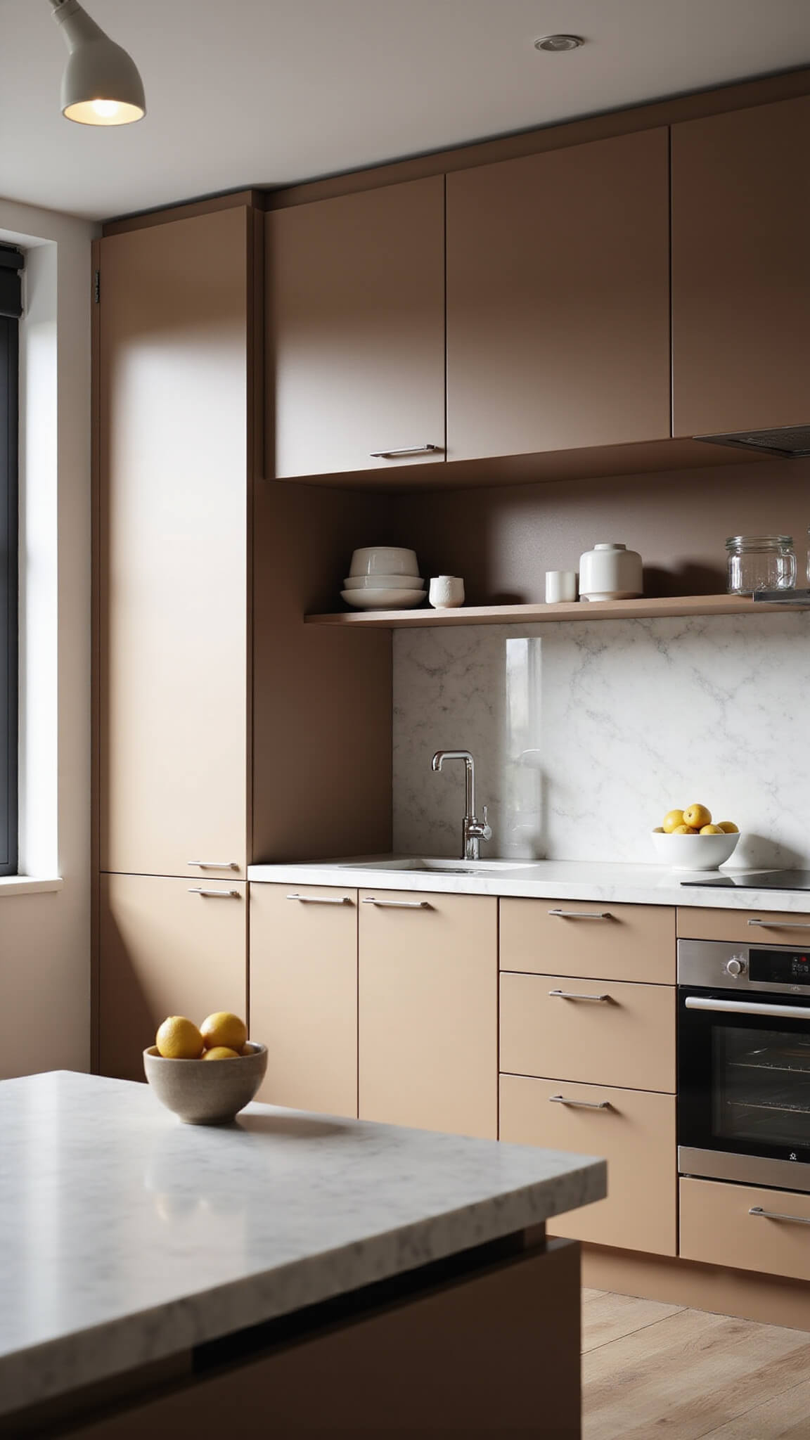 Modern micro-apartment kitchen with greige handle-less cabinets, fold-down dining table, open shelves with white ceramics, and a marble-look countertop lit by morning light.