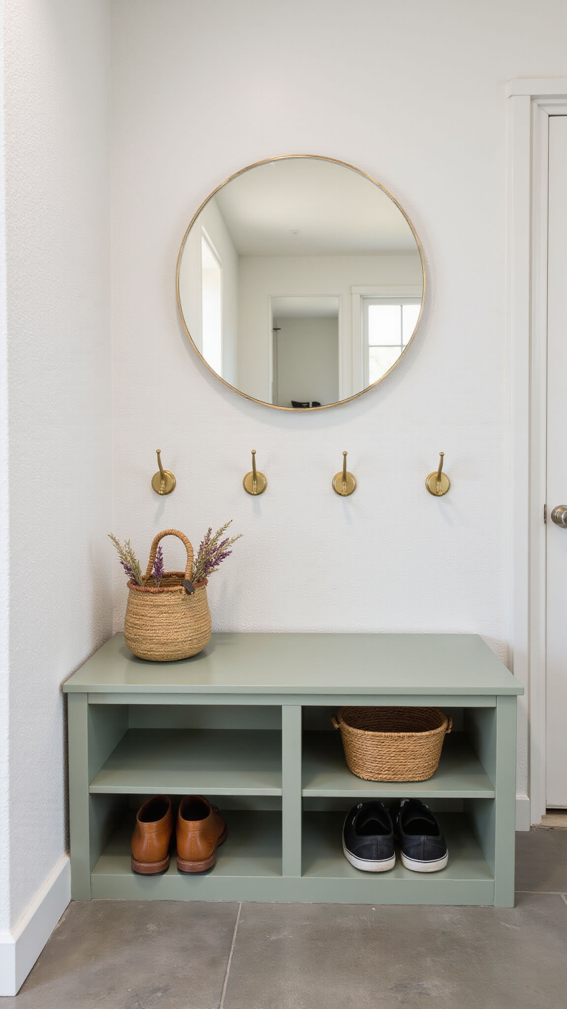 Sage green built-in entryway bench with hidden shoe storage, brass coat hooks, round mirror, and minimal decor on gray concrete-look tiles.
