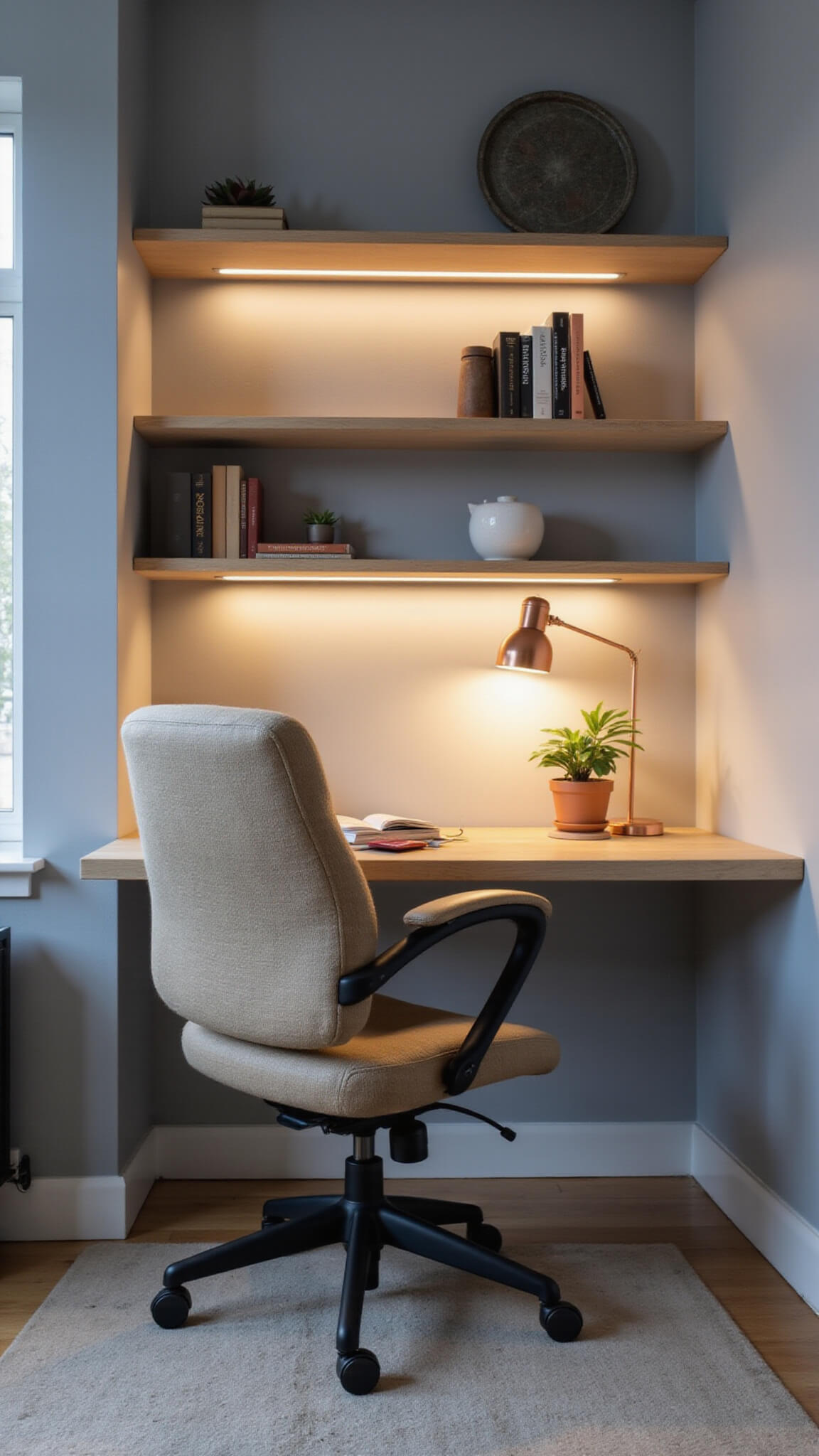 Work-from-home setup with fold-down ash wood desk, oatmeal bouclé chair, floating shelves, copper lamp, and potted monstera, lit during blue hour.
