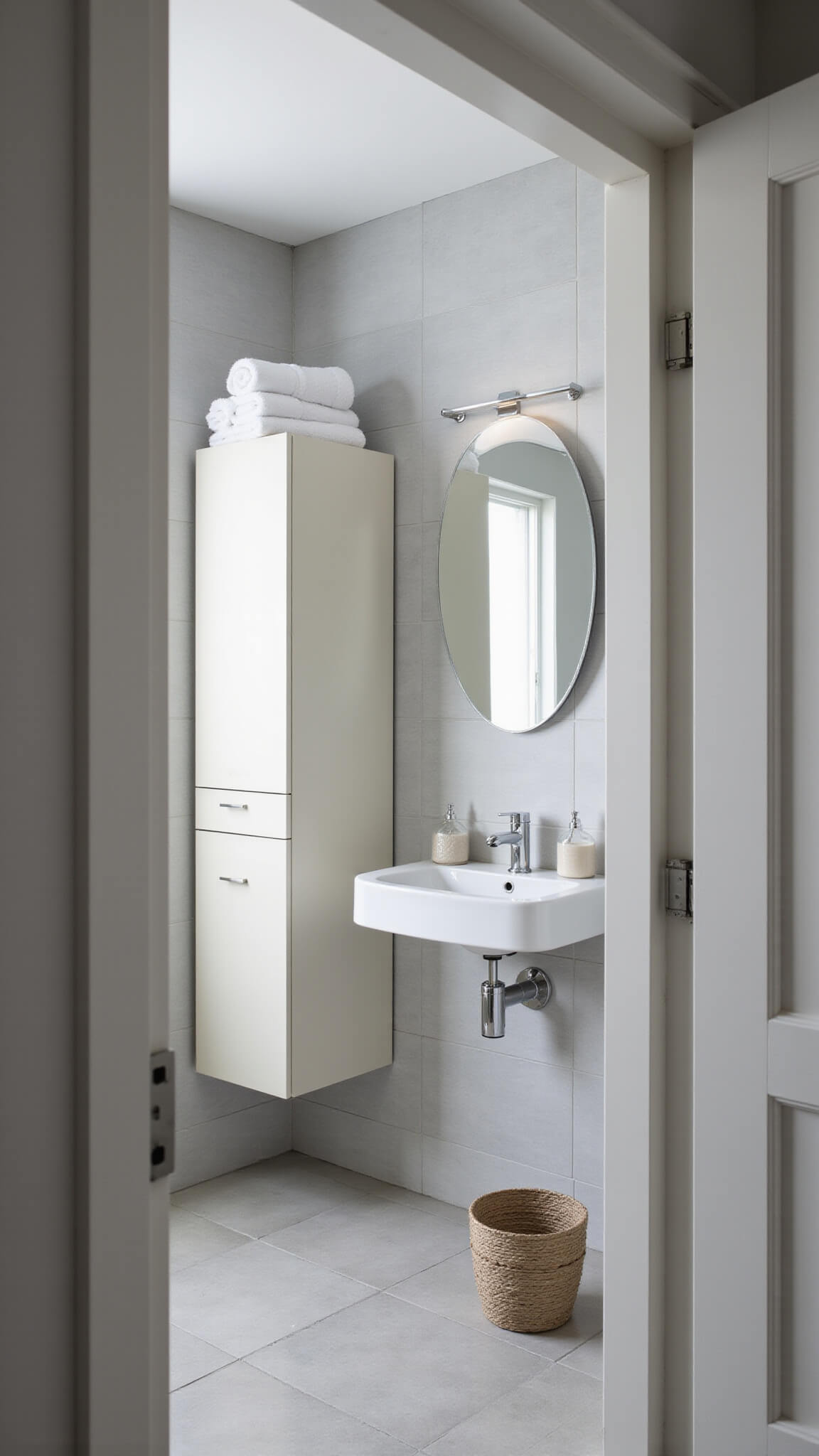 Modern bathroom with matte white vertical storage tower, hidden laundry compartment, wall-mounted vanity, large light gray tiles, and soft LED lighting emphasizing clean lines.
