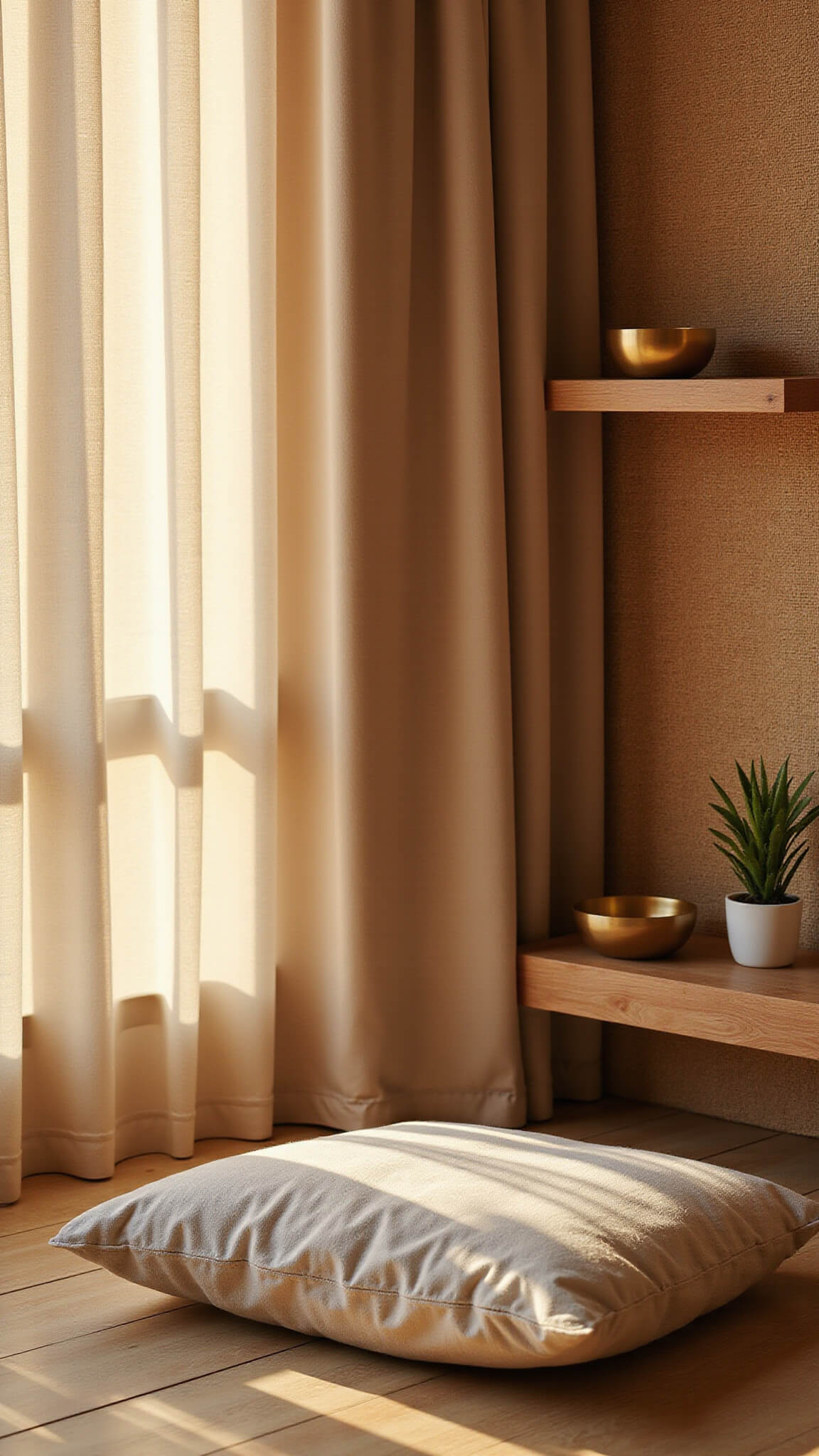 Floor-level view of a serene living room meditation corner at sunset with a linen floor cushion, floating wooden shelf holding an essential oil diffuser, grass cloth wallpaper, sheer curtains filtering golden light, a brass singing bowl, and a small air plant.
