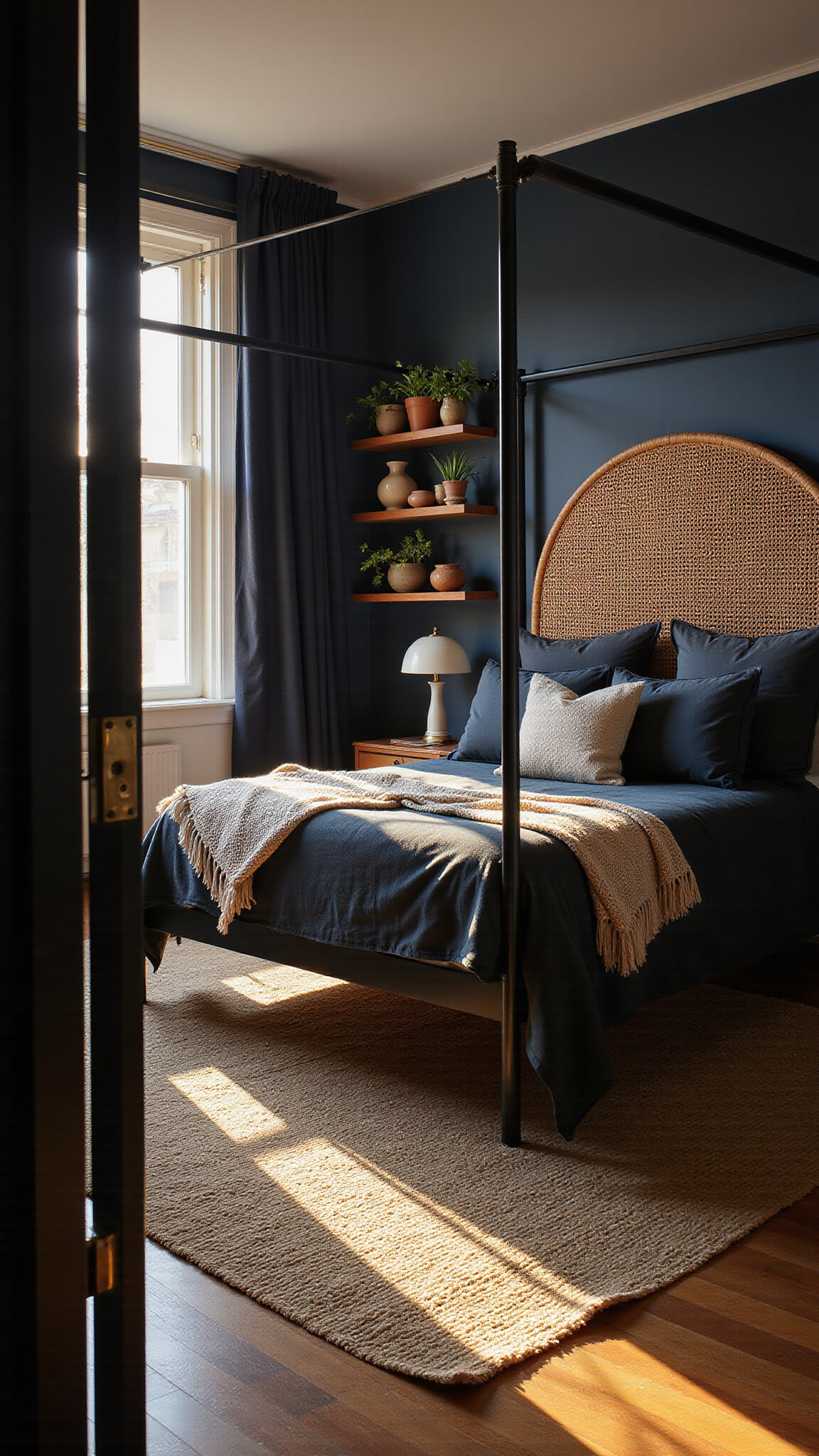 Moody 12x14ft bedroom with black iron canopy bed, rattan peacock headboard, layered rugs, and golden hour light through sheer curtains.