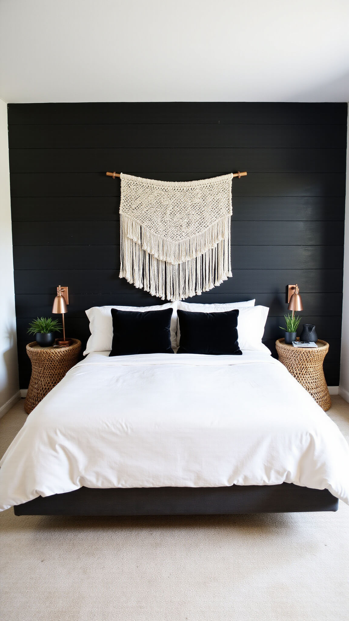 Minimalist 14x16ft bedroom at dawn with matte black shiplap accent wall, white linen bedding, black velvet pillows, large macramé wall hanging, copper sconces, rattan side tables, and soft natural morning light.
