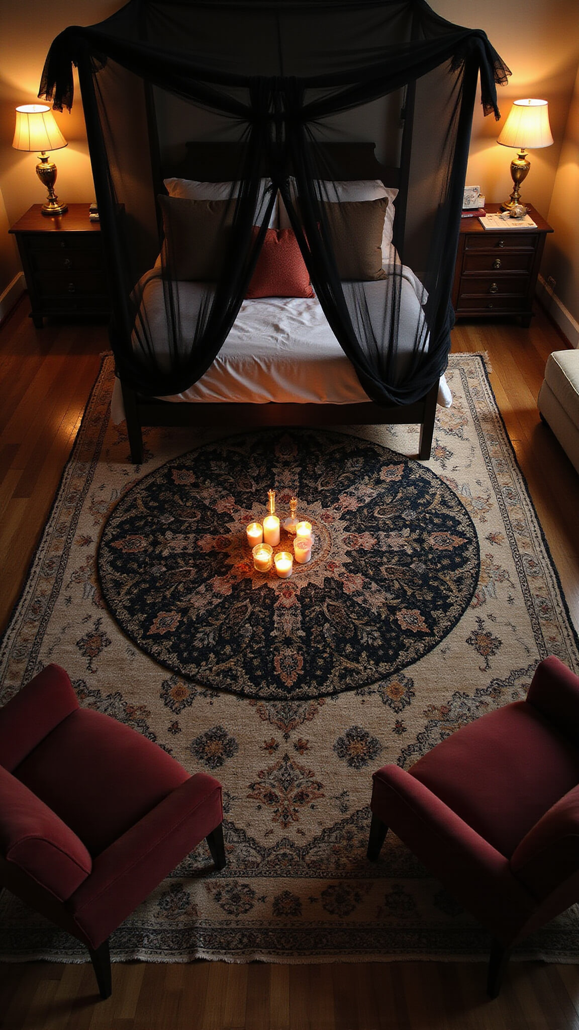 Overhead view of a moody 11x13ft boho bedroom at midnight with a central black and cream Moroccan rug, four-poster bed with sheer black canopy, burgundy velvet chairs, brass side tables, and ambient glow from candles and salt lamps.