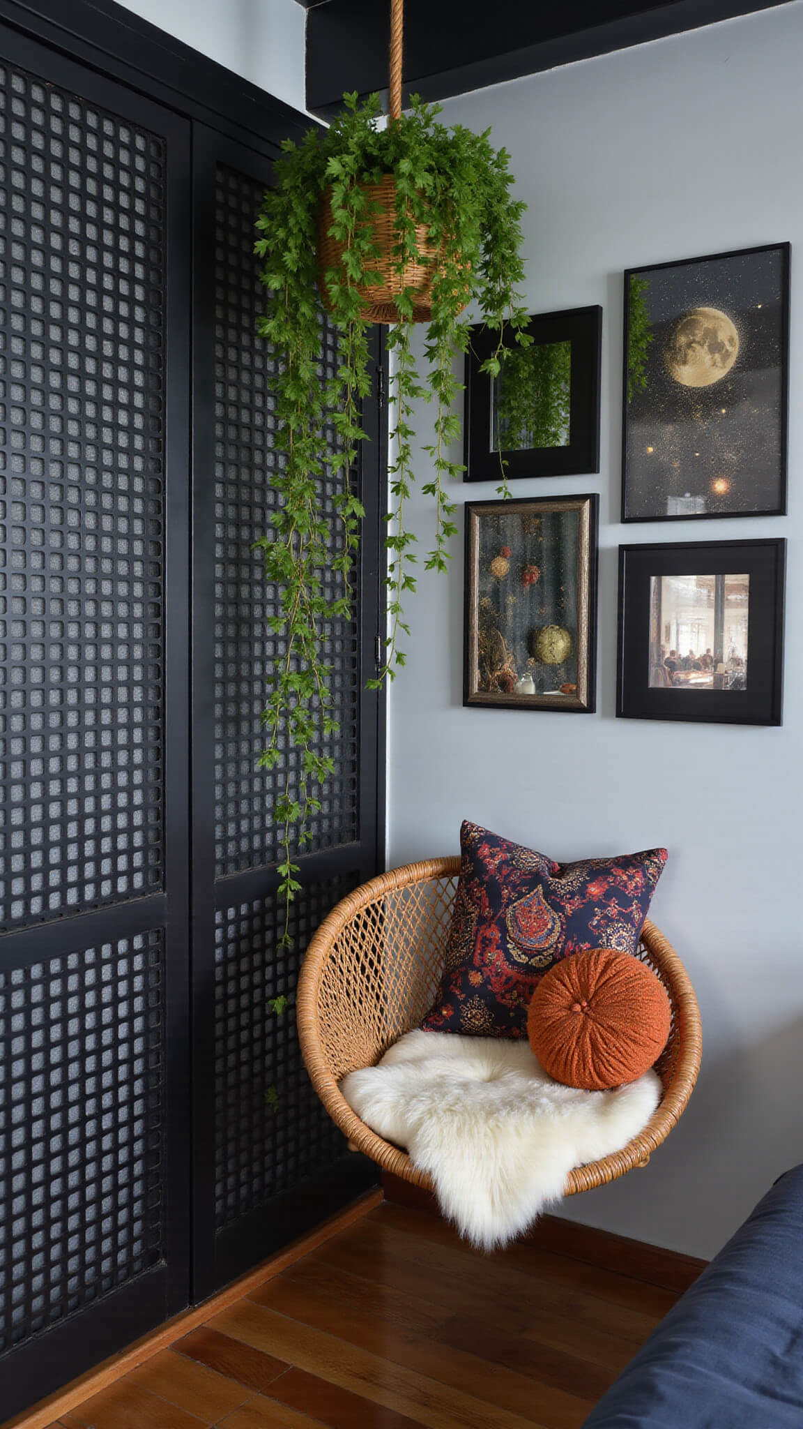 Cozy 9x10ft bedroom corner with rattan hanging chair, trailing plants on black lattice divider, celestial-themed gallery wall, and layered blue hour lighting.