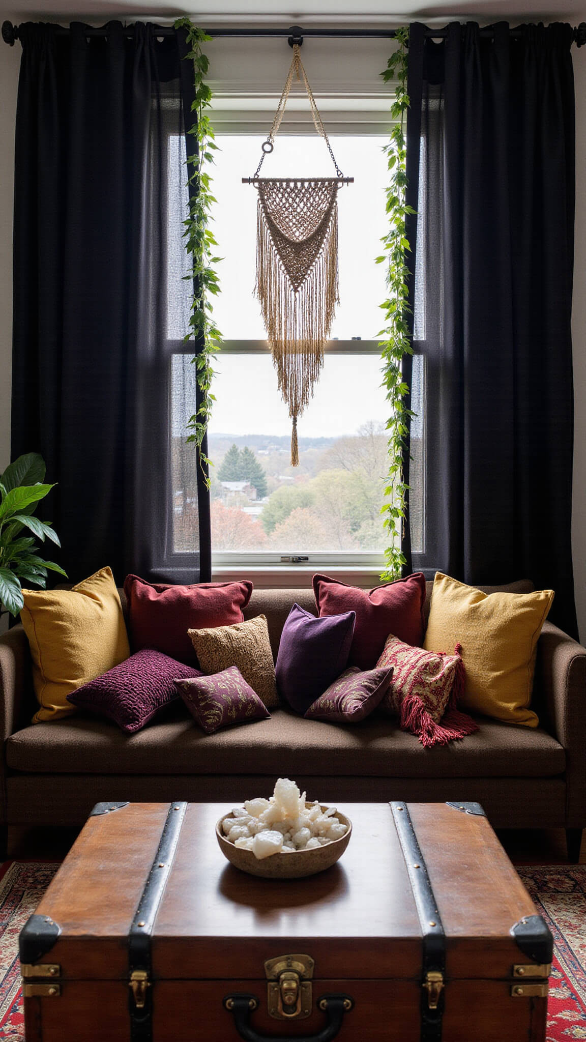 Cozy bedroom at dusk with black velvet drapes, burgundy and gold cushions, vintage trunk coffee table, brass and crystal decor, macramé wall art, and trailing plants under warm uplighting.