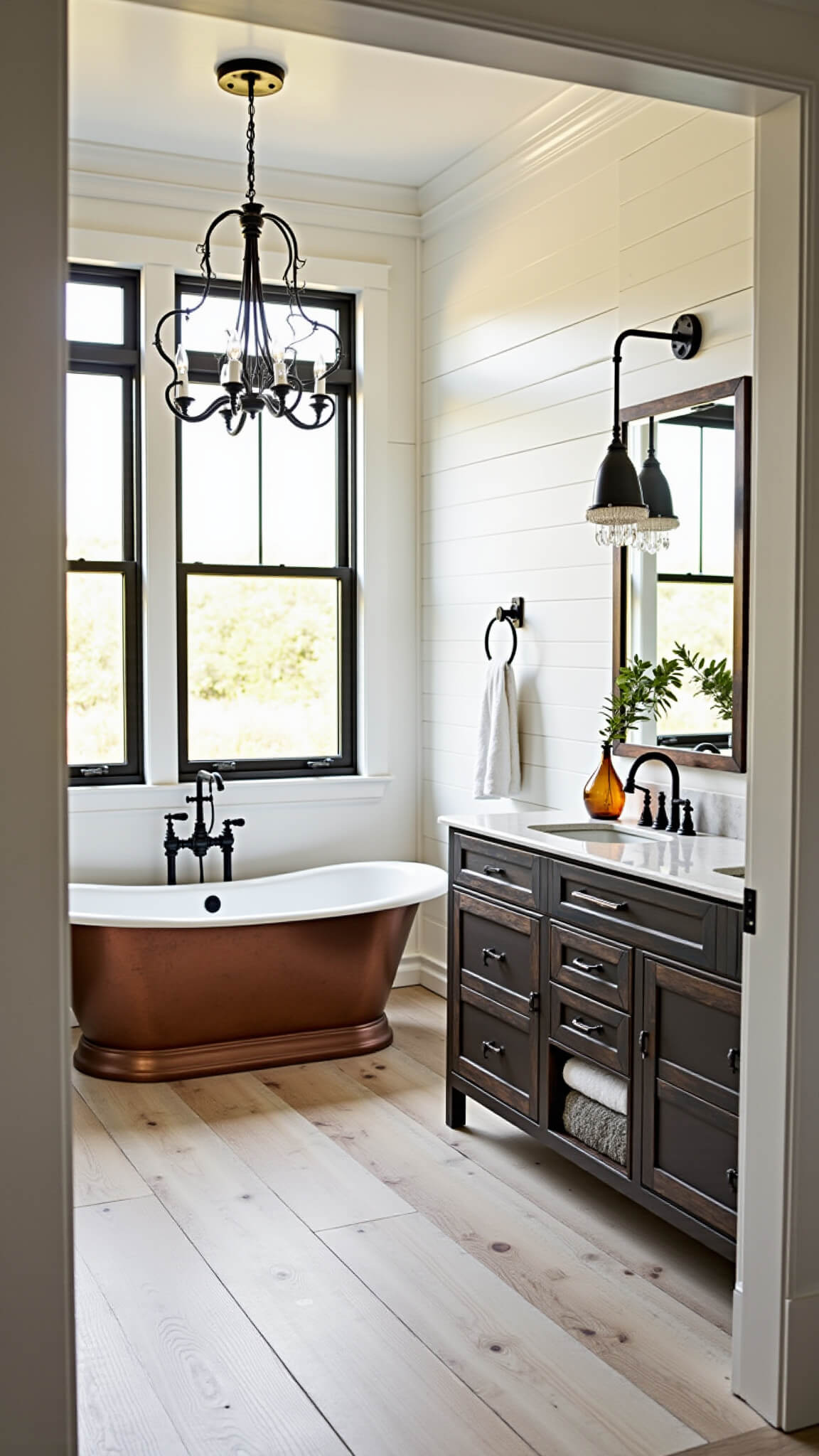 Modern farmhouse master bathroom with copper soaking tub, reclaimed wood vanity, and shiplap walls bathed in golden hour light.