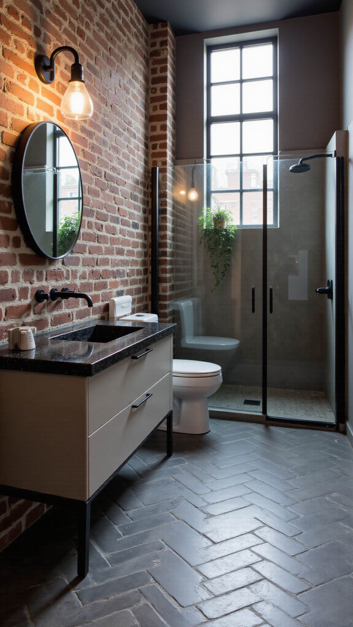 Industrial chic bathroom with exposed brick wall, high ceiling, concrete vanity, factory window, and walk-in shower framed in black steel.