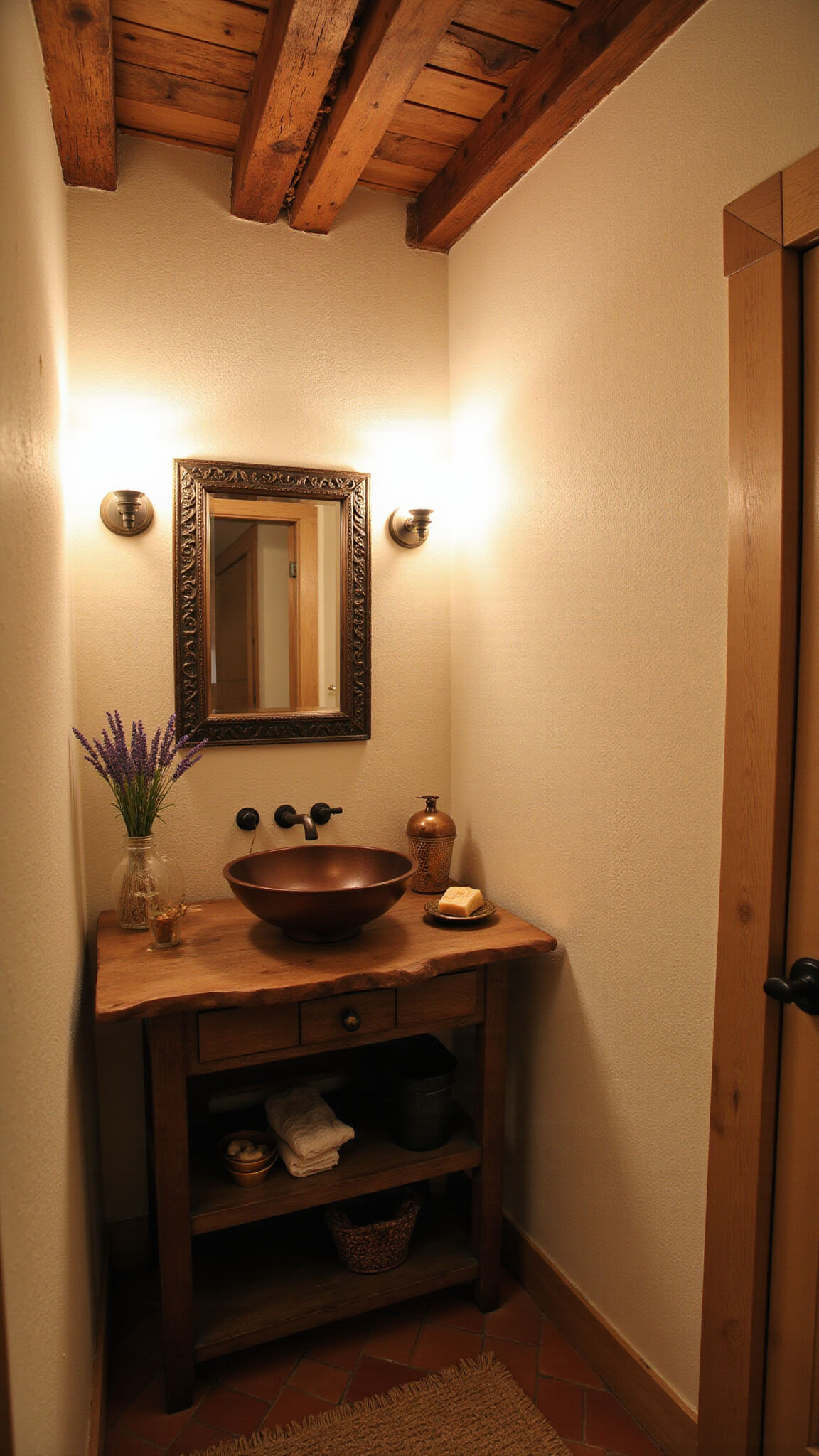 Low-angle view of rustic powder room with timber beam ceiling, copper vessel sink on live-edge vanity, textured plaster walls, and terracotta hex tile floor.