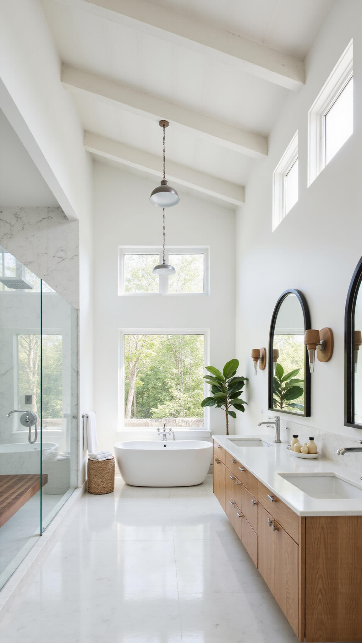 Spacious contemporary barndo master bathroom with vaulted ceiling, white steel trusses, marble-look walk-in shower, bleached oak double vanity, and bright natural light from clerestory windows.