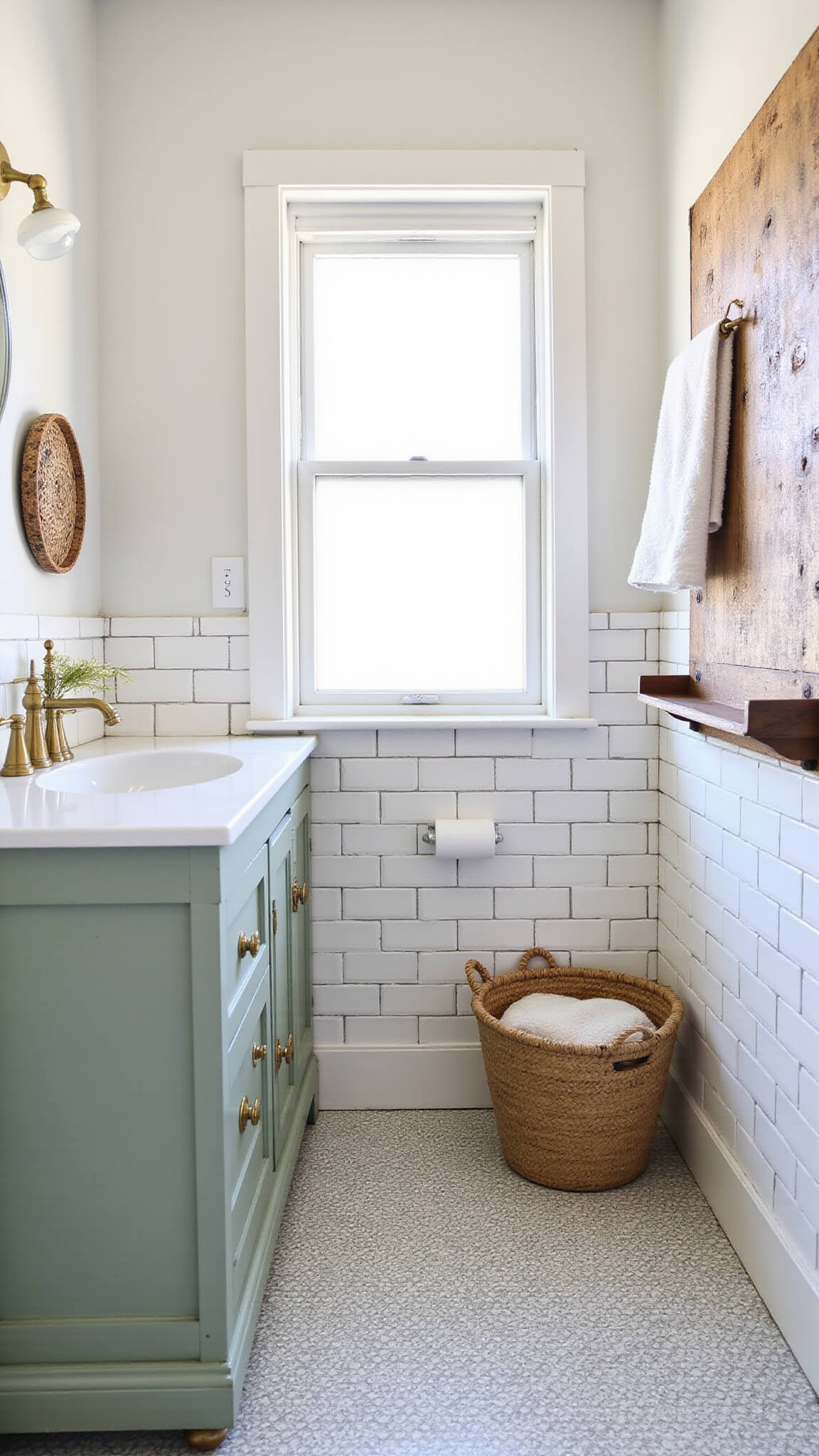 Compact farmhouse bathroom with sage green wall-mounted vanity, brass hardware, round mirror, and patterned grey and white floor tiles.