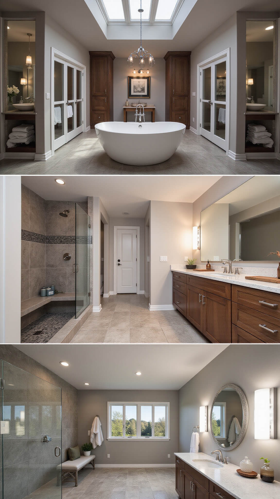 Luxury spa-style barn bathroom with freestanding tub under skylights, grey stone steam shower, walnut double vanity, and warm geometric tile flooring.