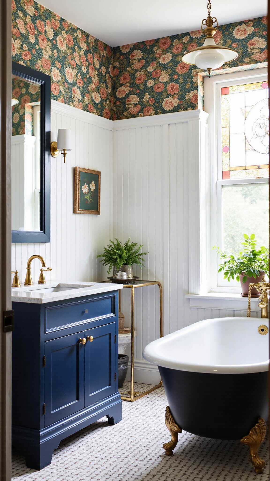 Eclectic modern bathroom with navy vanity, black clawfoot tub, floral wallpaper, and stained glass window in soft morning light.